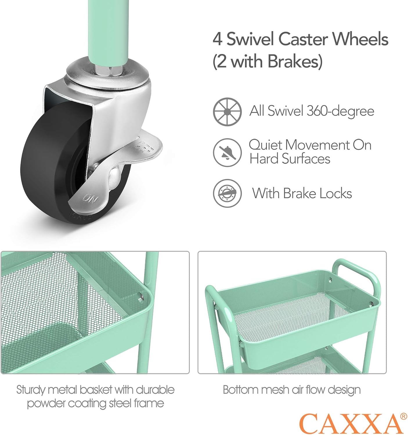 CAXXA 3-Tier Rolling Metal Storage Organizer - Mobile Utility Cart, Kitchen Cart with Caster Wheels (Aqua Green)