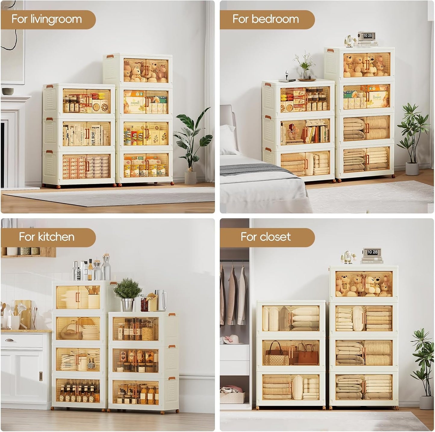JEKO&JEKO 648 Qt Plastic Storage Bins with Lids, Doors & Wheels, 6 Pack Extra Large Stackable Collapsible Storage Cabinets and Closet Organizers for Home Office, Cream
