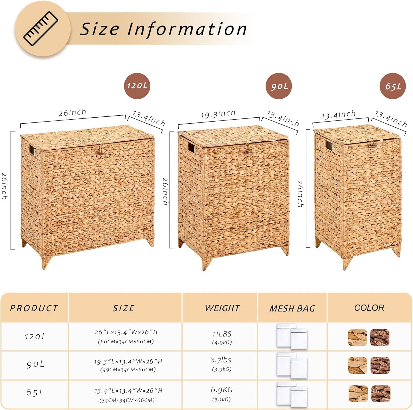 Handwoven Large Laundry Hamper with Lid and 2 Removable Liner Bags, Heightened Feet Natural Hyacinth Clothes Hamper,Wicker Laundry Basket for Clothes and Towels