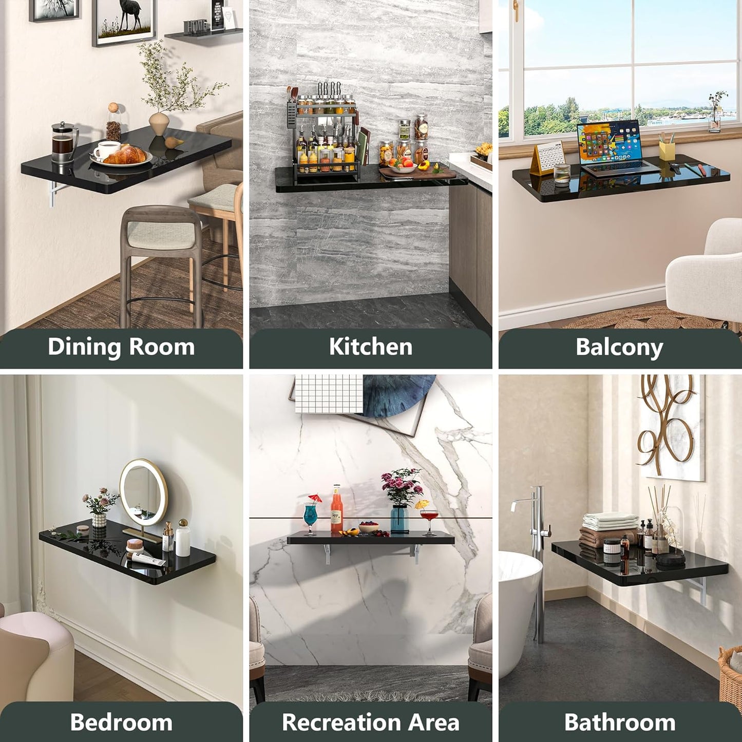 Clikuutory Wall Mounted High Gloss Folding Table, Wall Desk Fold Down for Small Spaces, Folding Workbench for Laundry Room, Home Office, Kitchen, Bedroom, Home Bar, Black(31.5"×15.7")