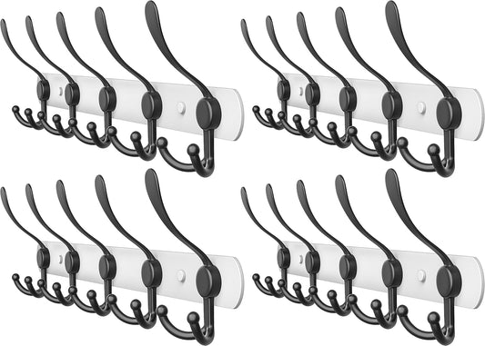 Coat Rack Wall Mount with 5 Tri Hooks, Stainless Steel 16 Inch – White & Black Matte Finish, Heavy Duty Wall Mounted Hook Rack for Coats, Hats, Towels, Scarfs, Robes, Bags, Entryway & Bathroom, 4 Pack