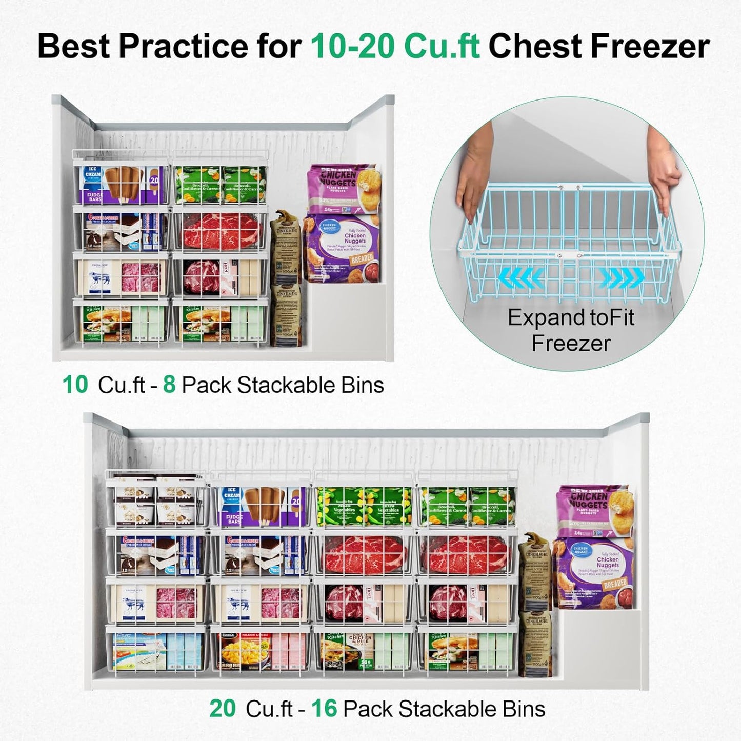 iSPECLE Chest Freezer Organizer - Fit 10 to 20 Cu.FT Freezer, 3 Pack Large Expandable Stackable Deep Freezer Organizer Bins Sort Frozen Food and Easily Get with Handle, Improve Air Circulation,White