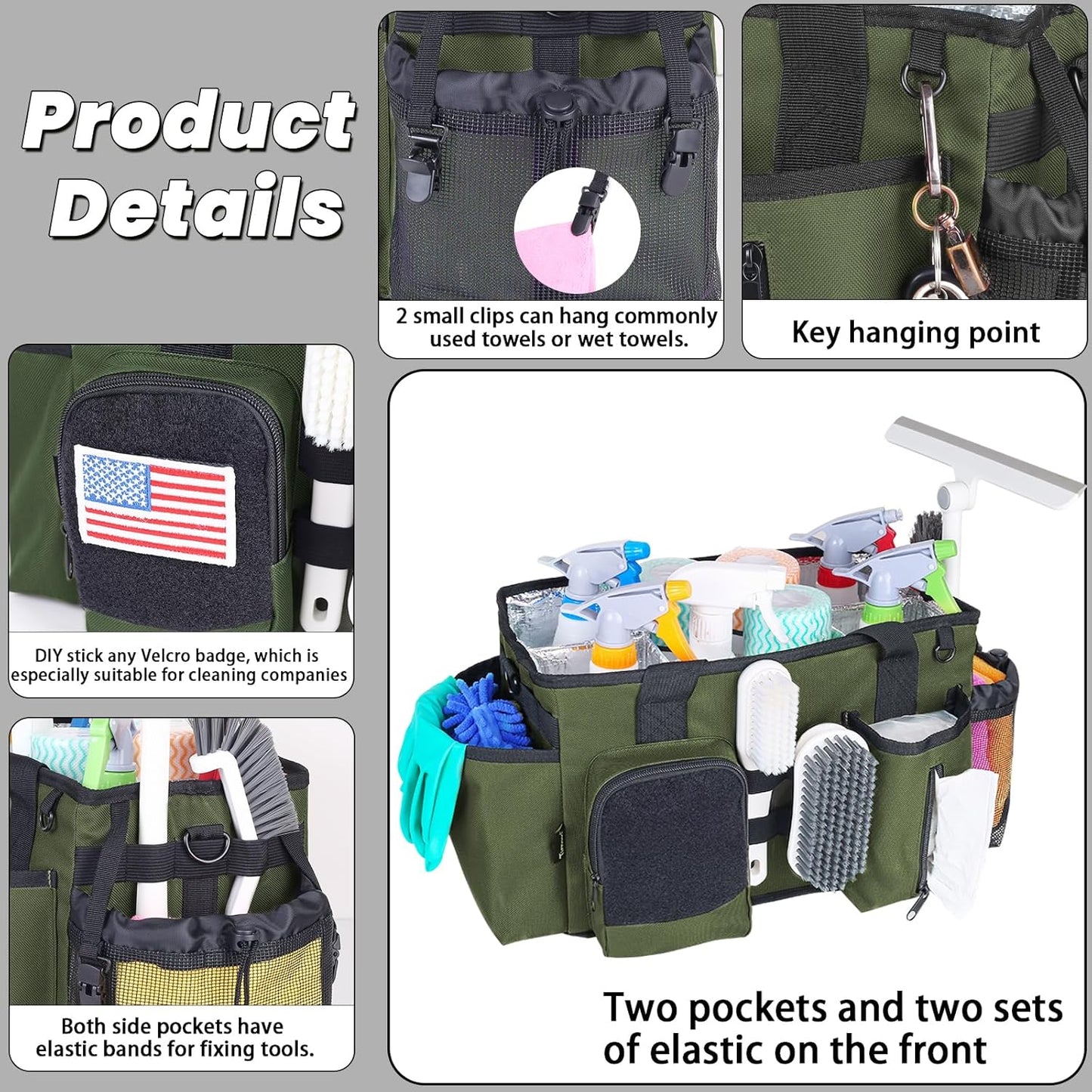 Wearable Cleaning Caddy Bag, Cleaning Organizer with Handles, Cleaning Supply Tote with Adjustable Shoulder Strap for Cleaners & Housekeeper (Green, 13.4'' x 7.3'' x 9.3'')
