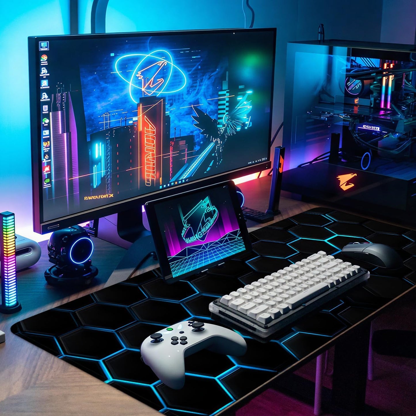 Gaming Mouse Pad – Large Extended Desk Mat 31.5 x 11.8 in– Futuristic Black Honeycomb Design with Blue Glow, Non-Slip Base, Waterproof Surface, Keyboard & Mouse Pad for Gaming or Office