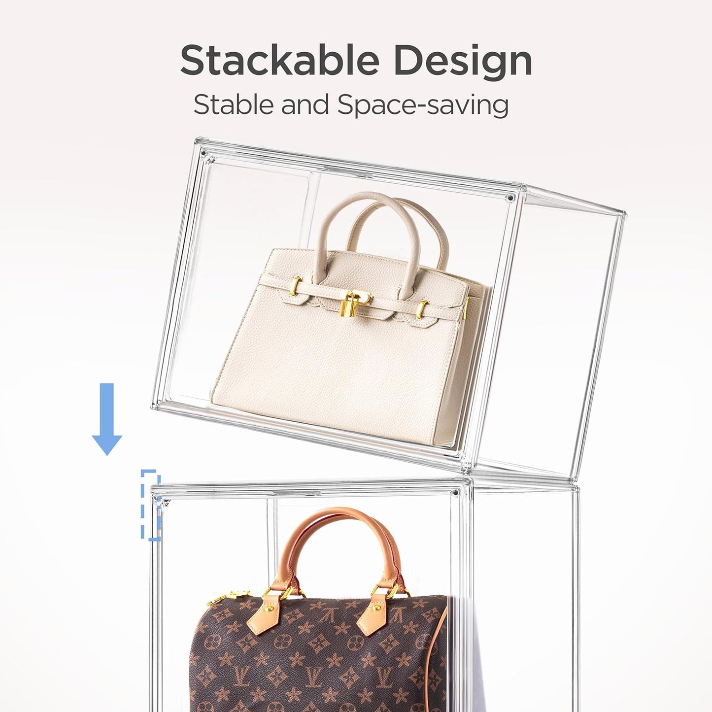 HBlife 4 Pack Purse Storage Organizer for Closet, X-Large Clear Stackable Handbag Display Case Box with Magnetic Door for Collectibles, Cosmetics, Women Heels and Toys