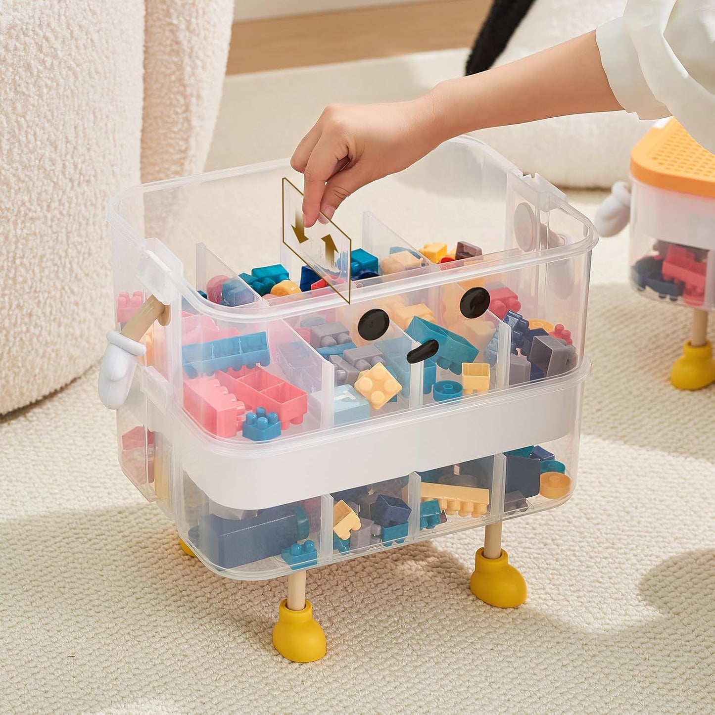 Organizers Storage Box for lego: Plastic Stackable Storage Case with Building Blocks Lids, Containers with Carrying Handle and Adjustable Grid Organizers, 3 Layer Orange