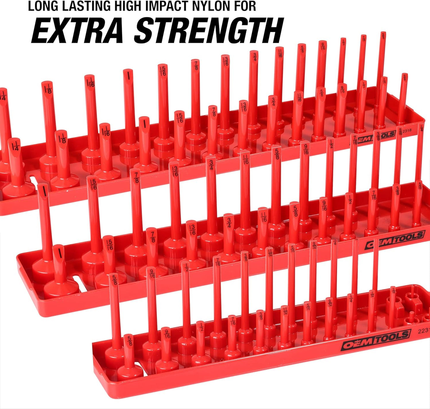 OEMTOOLS 22234 Socket Organizer, 6 Piece Socket Organizers, SAE and Metric, Socket Holders 1/4, 3/8, 1/2 Drive Sockets, Socket Holder for Toolbox, Red and Black