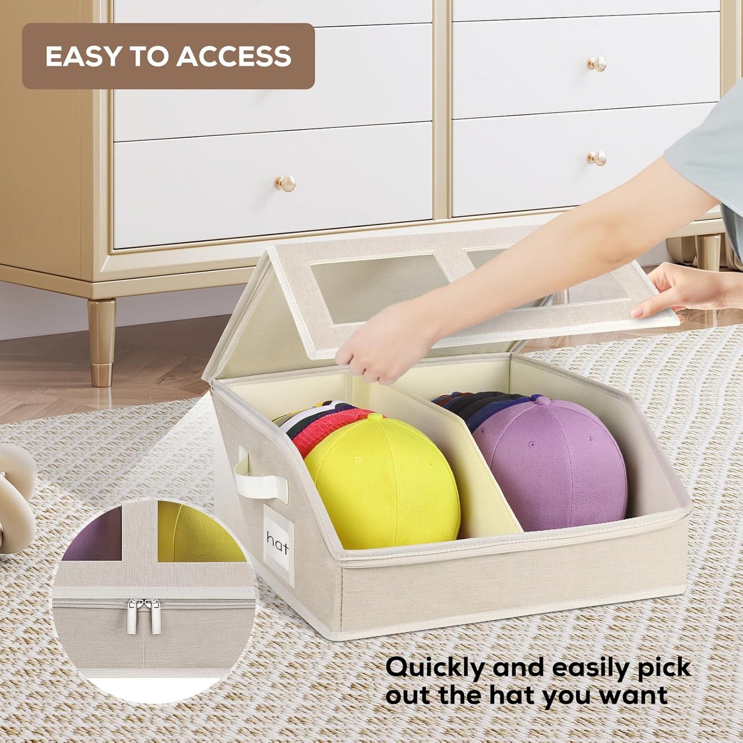 2 Pack Hat Storage for Baseball Caps-Holds Up to 48 Caps, Hat Organizer for Closet Stackable Hat Box with Cardboard, Dustproof Baseball Cap Organizer with 2 Handles for Home Travel (Beige, 2Pack)