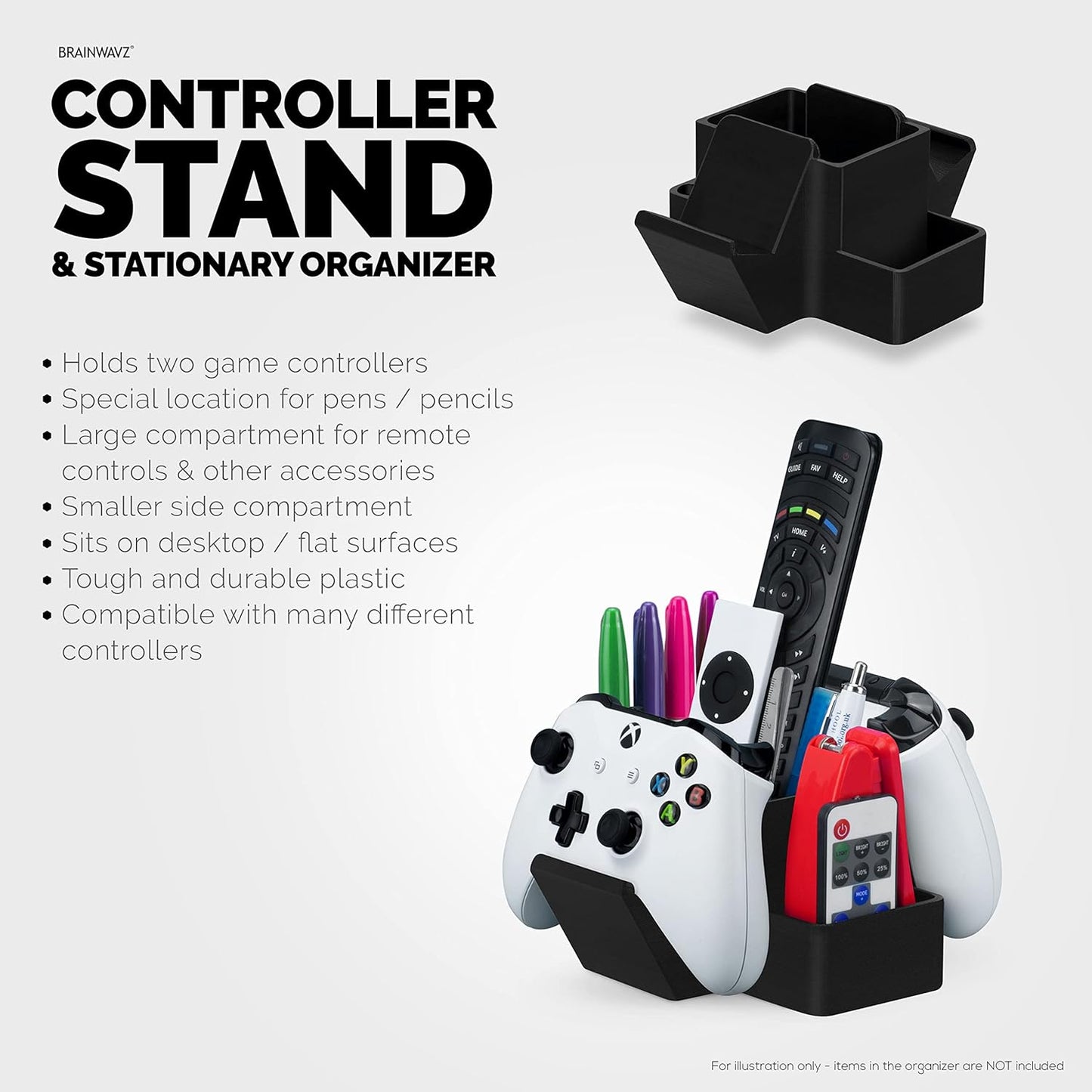 BRAINWAVZ Dual Game Controller, TV Remote Control & Stationary Storage Desktop Organizer Holder, Universal Design for Xbox ONE PS5 PS4 PC Gamepads, Reduce Clutter (D03)