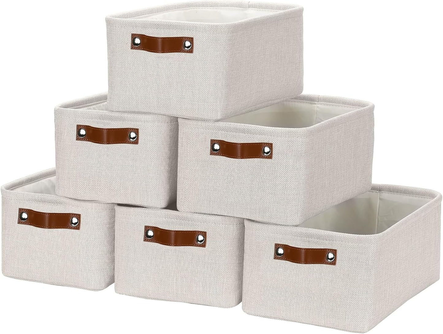 HNZIGE Fabric Storage Baskets for Organizing Small Storage Baskets for Shelf,6 Pack Shelf Baskets for Storage with Leather Handles, Foldable Baskets for Organizing Clothes(Cream 11.8" x 7.8" x 5.1")