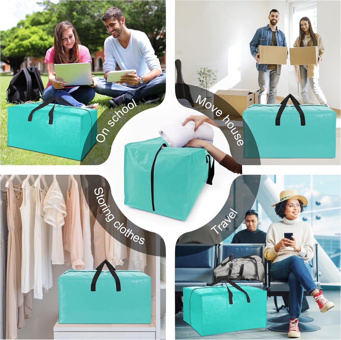6 Pack Heavy Duty Large Moving Bags W/Backpack Straps - Strong Handles & Zippers, Storage Totes For Space Saving, Fold Flat, Alternative to Moving Box and Storage Bin, Aquamarine