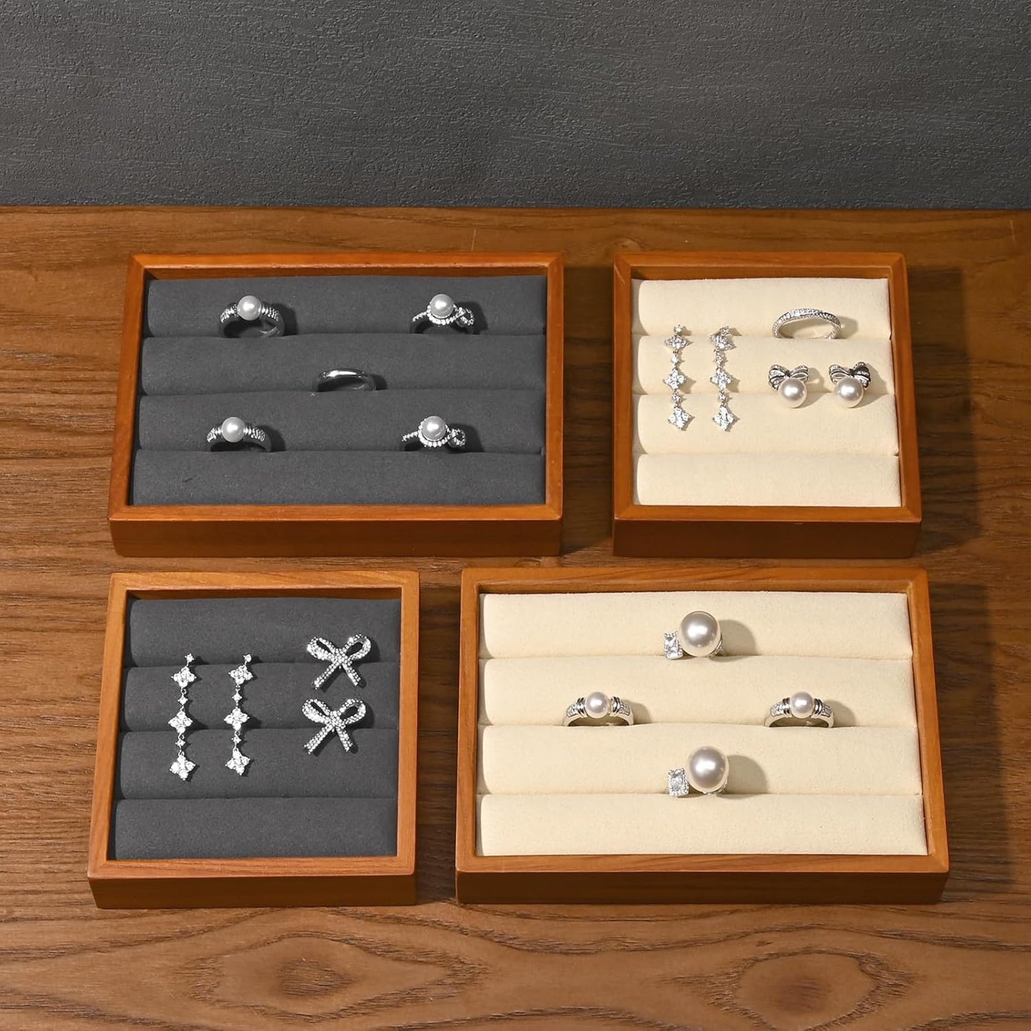 Solid Wood 3-Slots Jewelry Ring Display Tray Showcase Small Jewelry Display Organizer Tray for Rings(S,Beige)