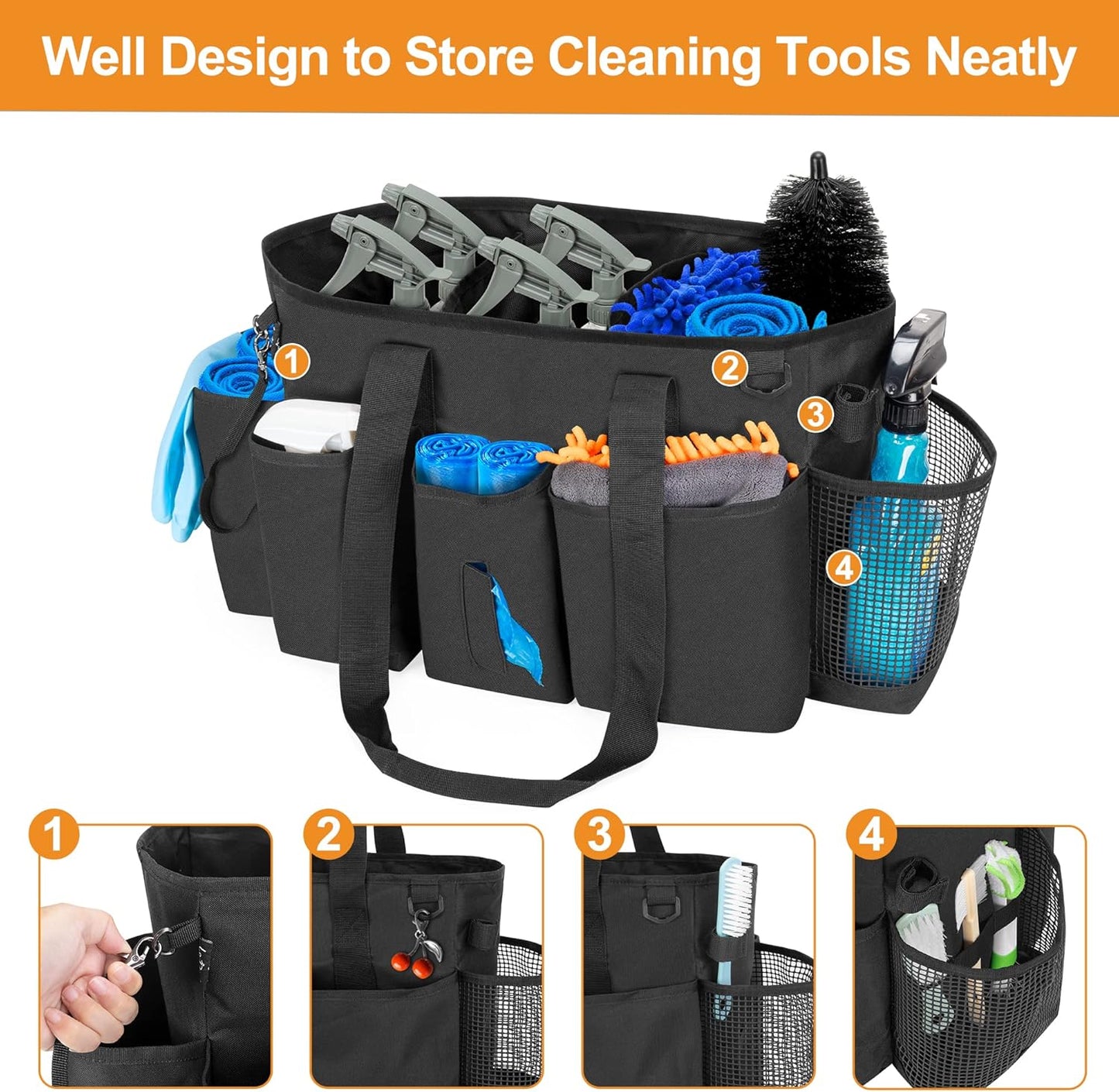 LoDrid Professional Cleaning Tote Caddy for Cleaning Supplies, Cleaning Bag Organizer with Dividers and Handle Strap for Housekeepers Work, Black, (Bag Only)