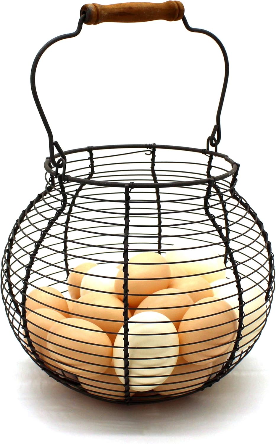 CVHOMEDECO. Antique Wire Egg Basket with Wood Handle Primitives Vintage Gathering Basket. Rusty