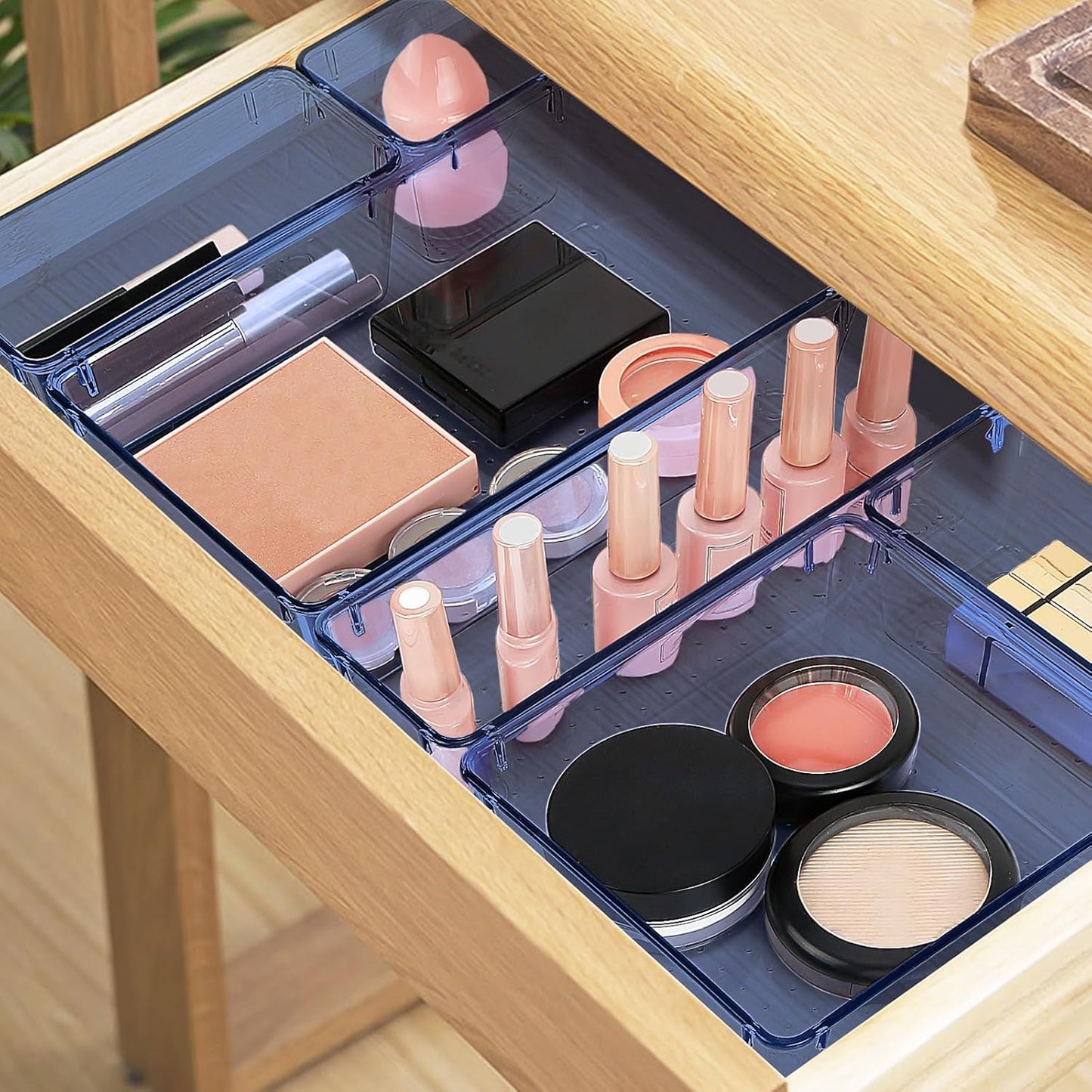 13 PCS Drawer Organizer Set, 5 Varied Size Bathroom and kitchen Drawer cabinet organizer Trays, Clear Storage Bins for Makeup, Jewelry, Utensils and Gadgets, Dark Blue