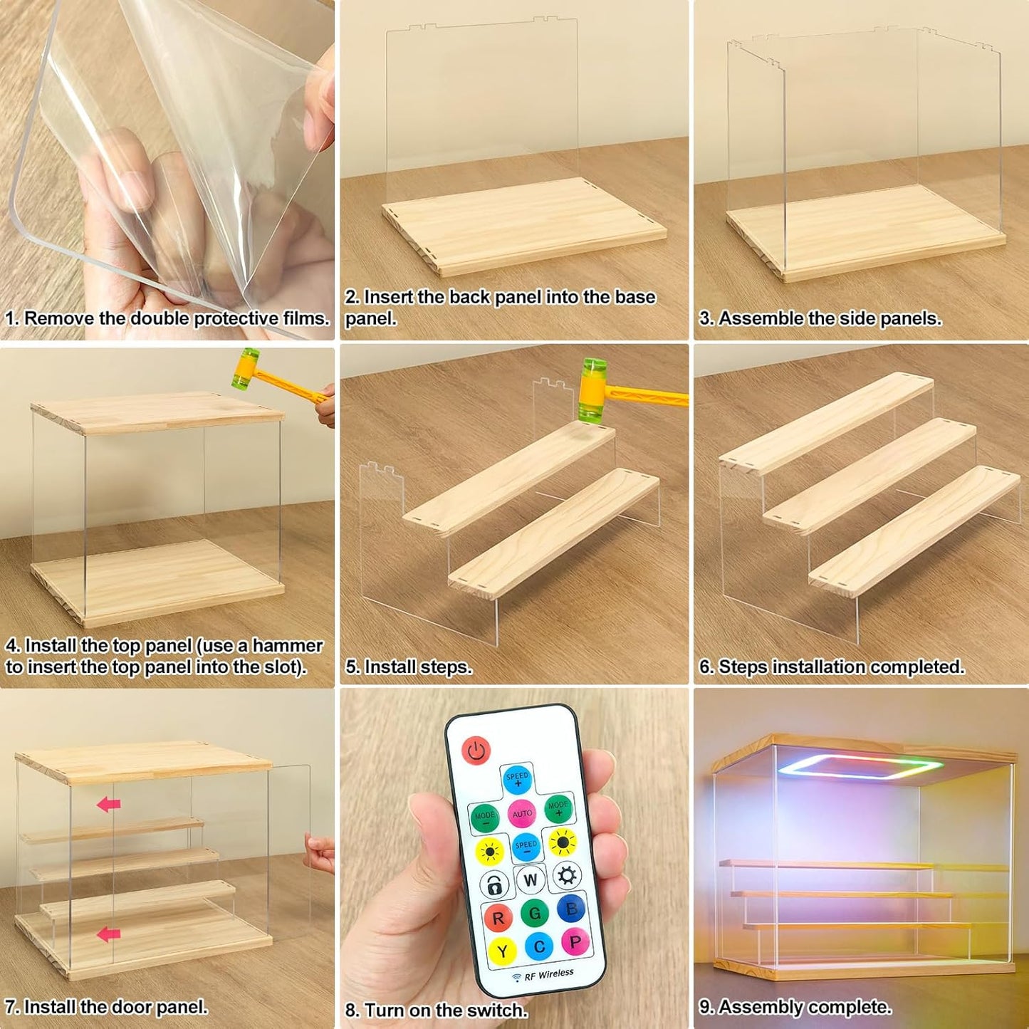 NONEMEY Clear Acrylic Display Case with Light ,3/4/5/6 Tier Multiple Color Lights via Remote Control Dustproof Display Box for Collectibles Figures Mini Toys (5Tier 12.4*12.2*12inch )