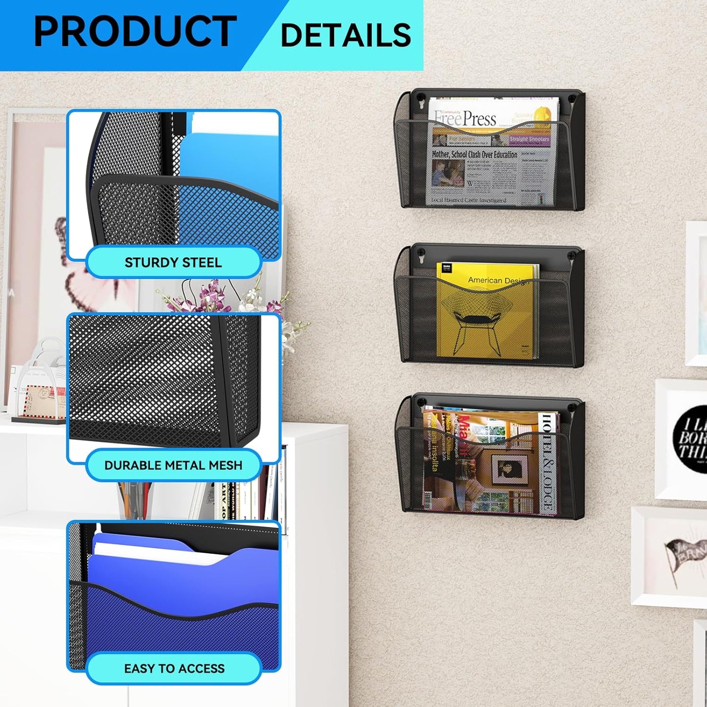 3 Single Pocket Wall File Holder, Mesh Hanging File Folder Paper Organizer, Vertical Wall Mounted Mail Basket, Storage Organization Magazine Rack for Office, Home and School, Black
