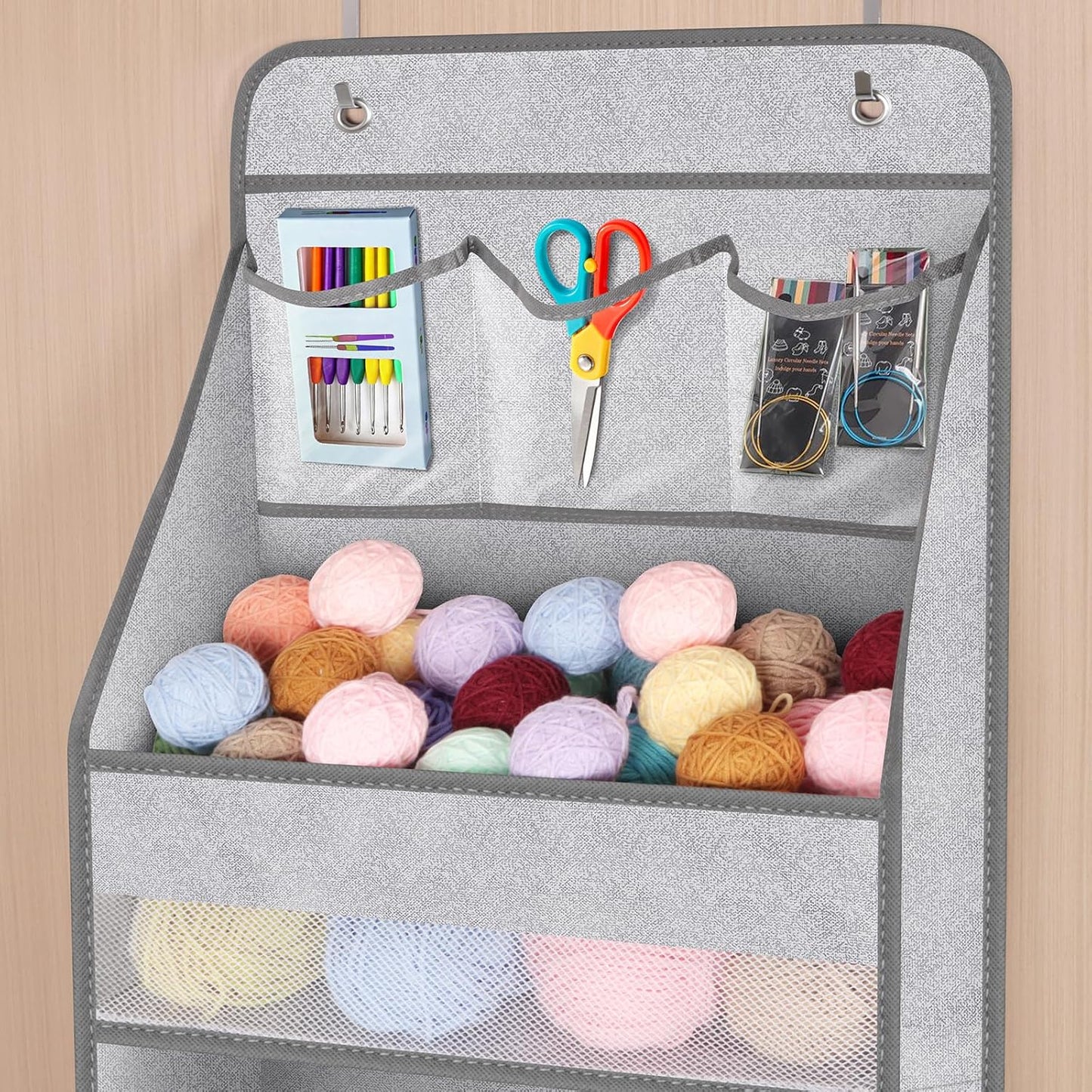 Univivi 6-Shelf Over Door Hanging Organizer Fabric Baby Door Storage with 5 Large Pockets and 3 Small PVC Pockets Wall Mount Hanging Storage Organizers for Baby Essential (Grey Pattern)
