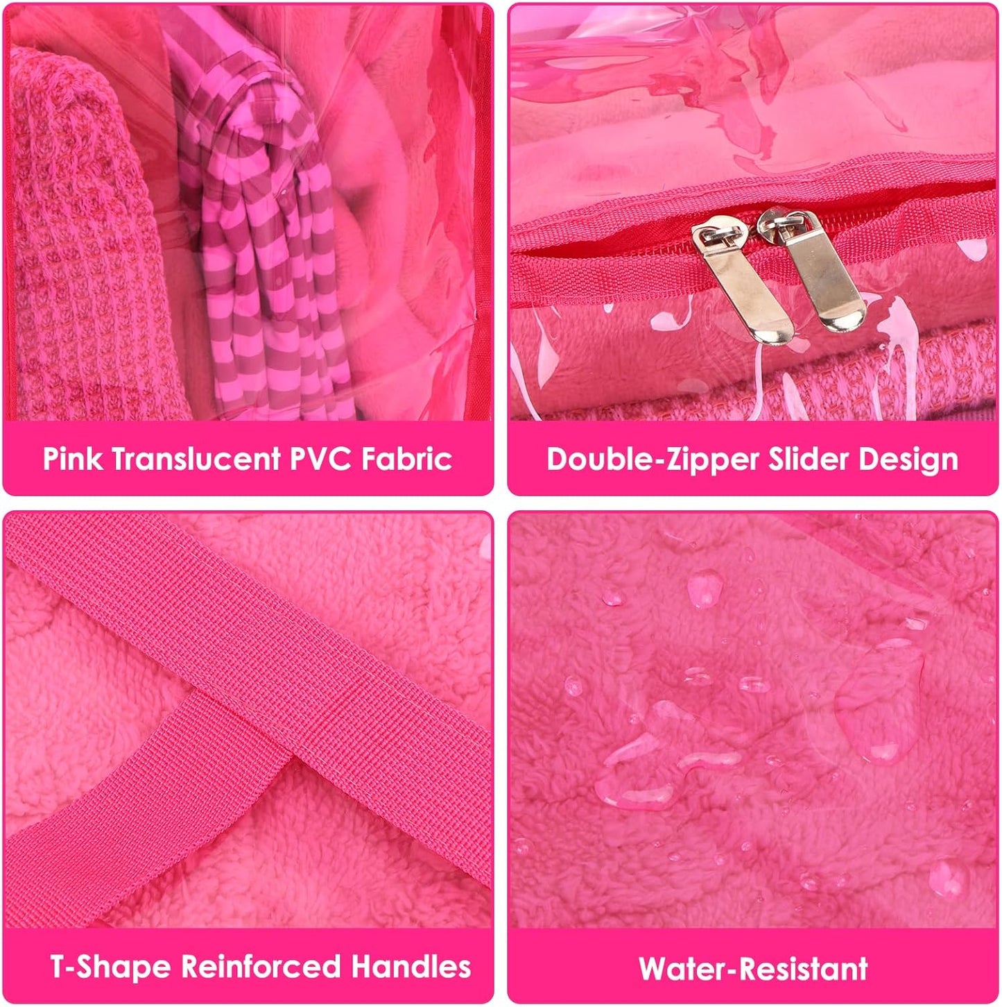 SGHUO Clear Storage Bags 60L Extra Large Plastic Vinyl Blanket Storage Bag for Clothes, Comforter, Bedding, Moving Bags with Zipper and Reinforced Handle (4pcs, Pink)