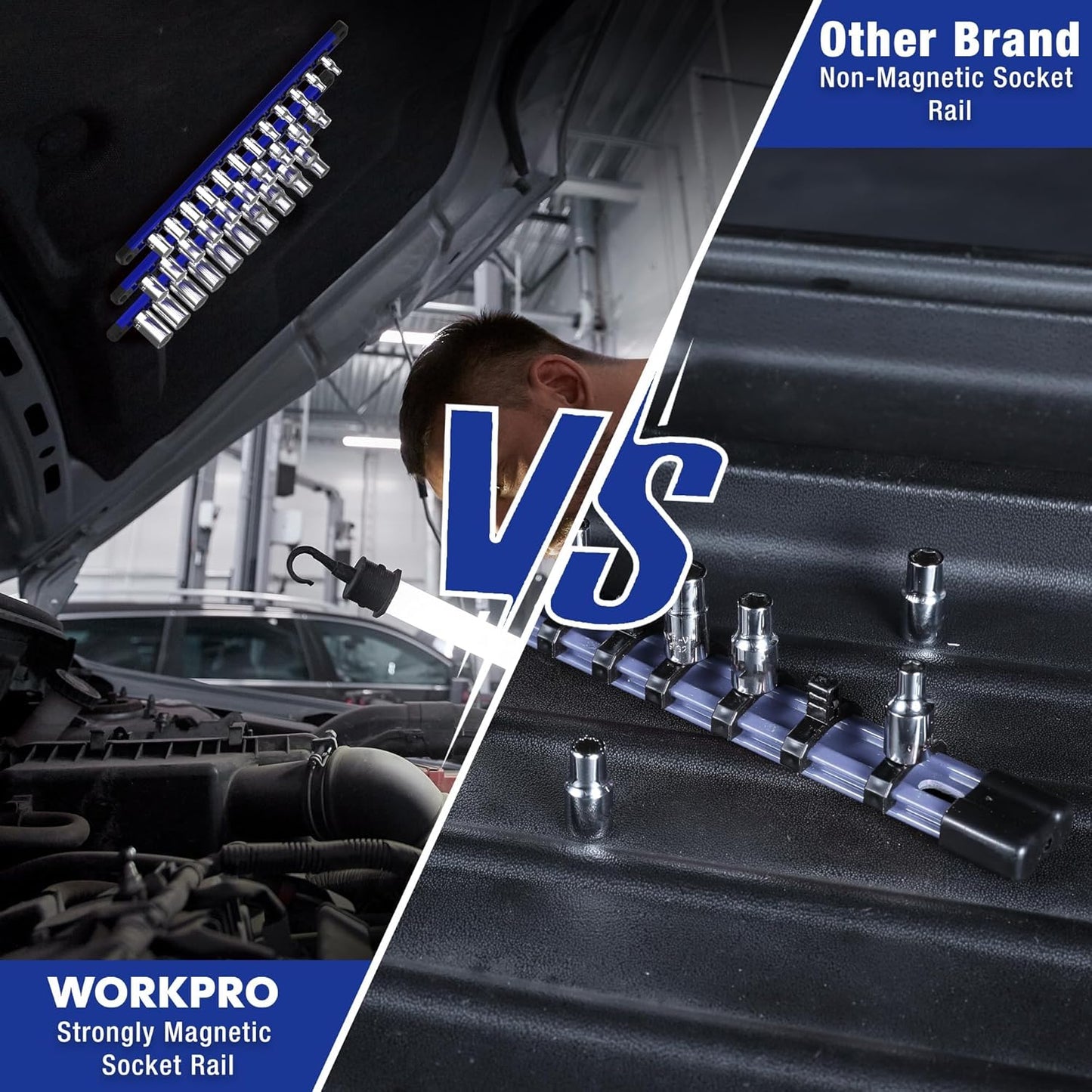 WORKPRO Magnetic Socket Organizer, 1/4-Inch Drive Aluminum Alloy Sockets Rail, Heavy Duty Sockets Holder, Socket Rack Kit 1/4-Inch x 12 Clips (Blue)