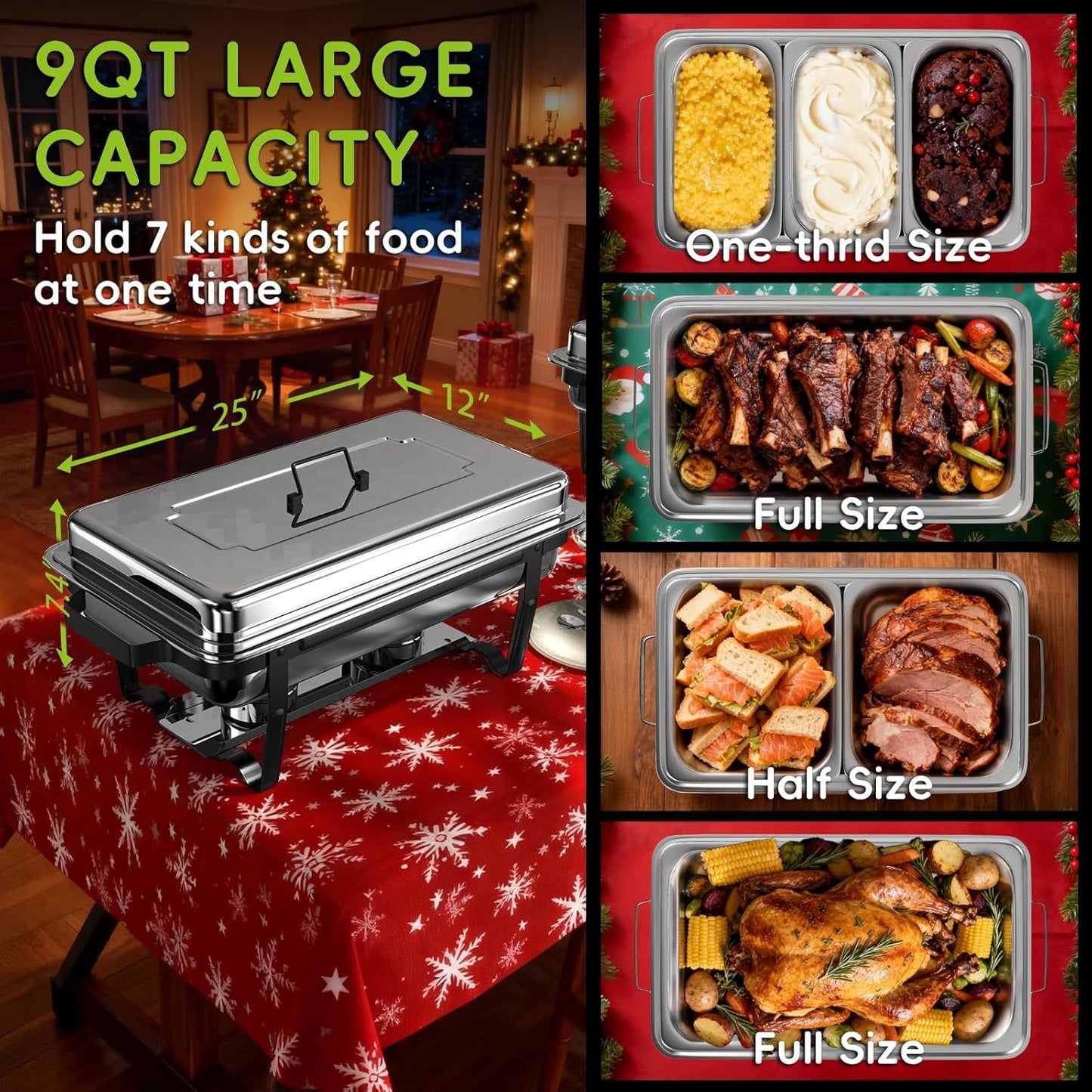 sifer 9Qt 4Pack Chafing Dishes for Buffet [Multi-Size Food Pans] | Chafing Dishes with Screwless Assembly & Stackable [Easy to Store] Design for Wedding/Home/Christmas Buffets, Black