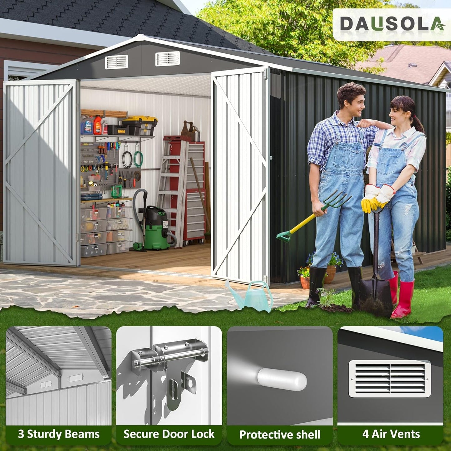10x12 FT Outdoor Storage Shed, Metal Garden Tool Shed with Updated Frame Structure and Lockable Doors, Ideal for Backyard Garden Patio Lawn, Grey
