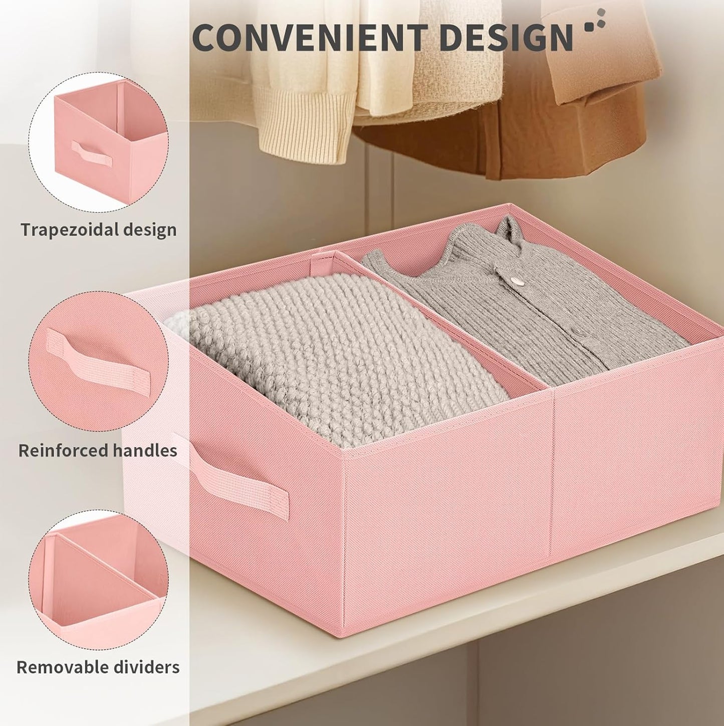 DIMJ Large Closet Shelf Organizer Bins 4 Packs with Handles and Divider, Fabric Trapezoid Storage Baskets, Foldable Clothes Containers Box for Shelf, Towel, Book, Toy, Purse, Hats, Pink