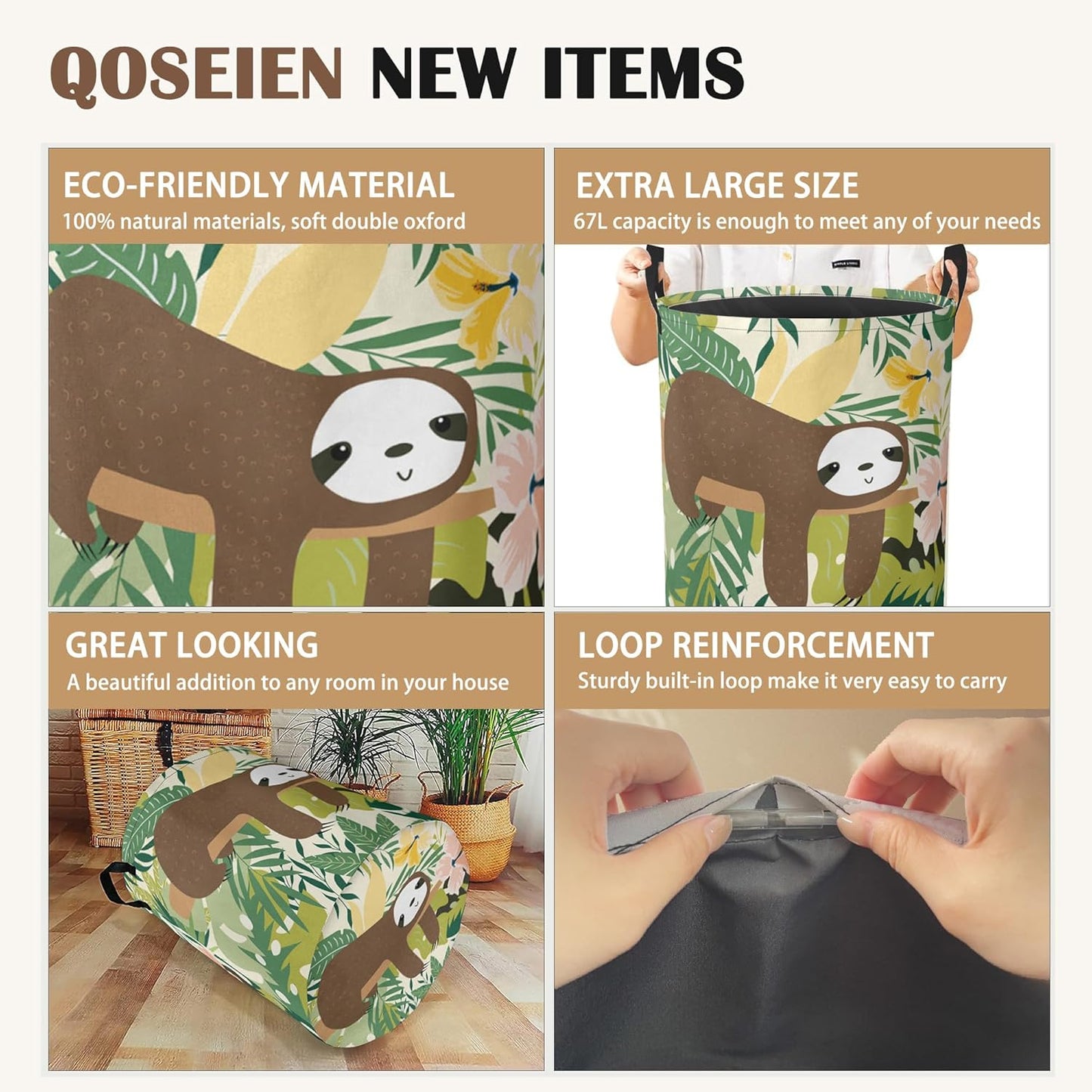Laundry Hamper,Cute Funny Sloth Laundry Basket,Palm Leaf Waterproof Oxford Cloth Storage Basket with Handle for Clothes Books Nursery Home Storage Sundries 16"x20"
