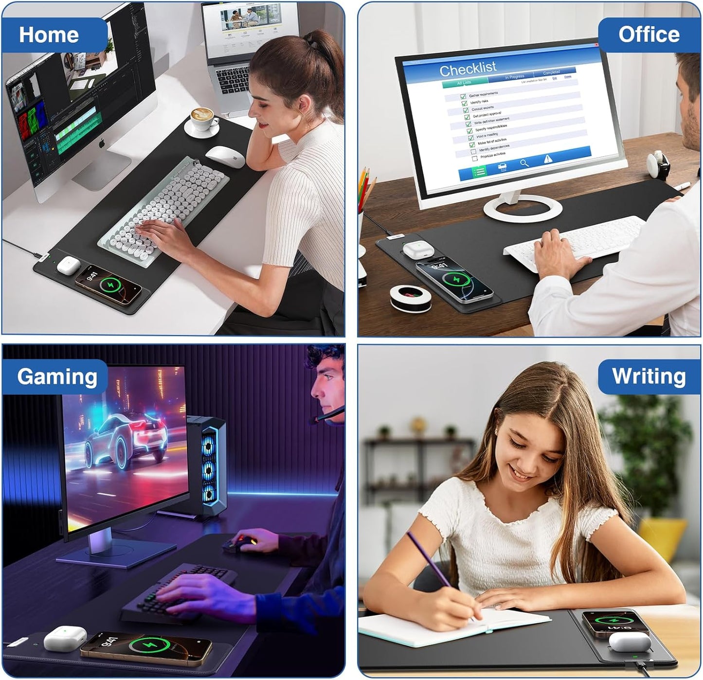 Magnetic Wireless Charging Mouse Pad, 27.5"x11.8" Gaming Desk Mat with Superior Stitched Edges, Non-Slip Base, Waterproof Smooth Desk Writing Pad for Gamer, Office & Home, Black