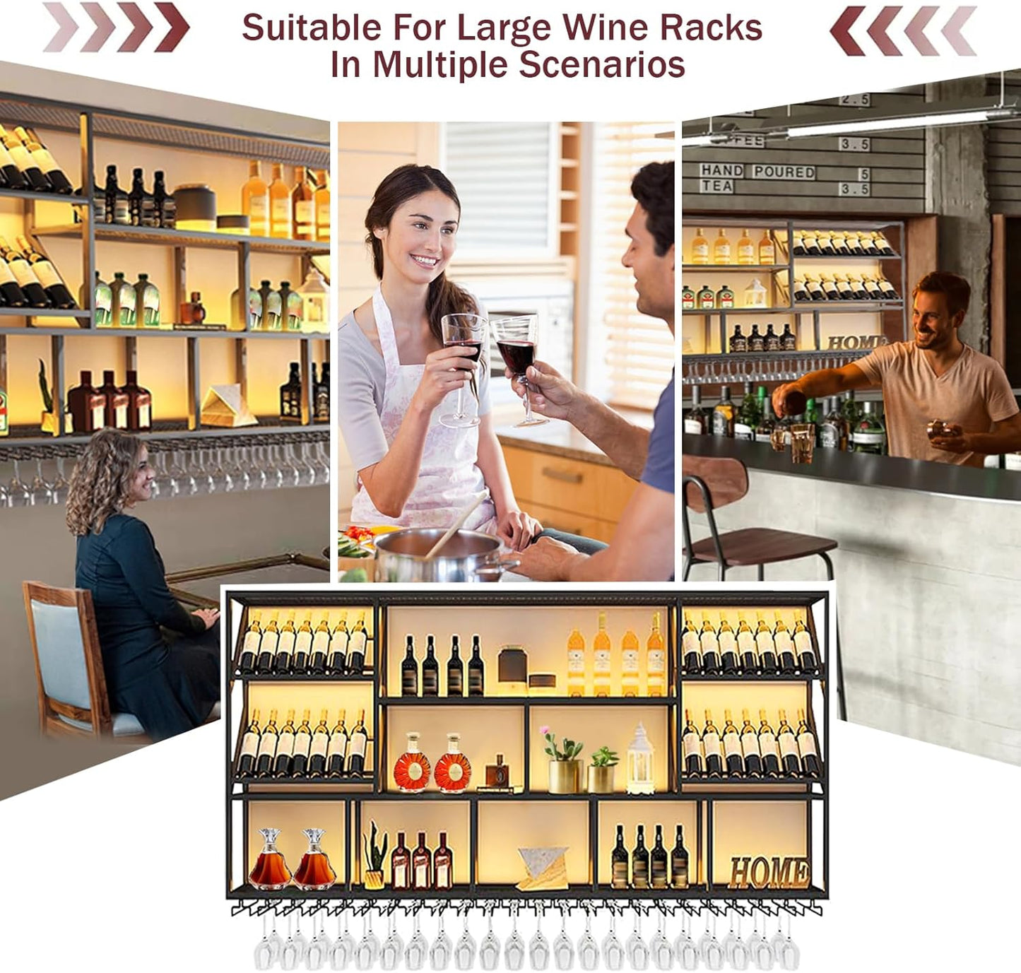 3 Tier Large Wine Rack Wall Mounted with Glass Holder, Black Modern Iron Liquor Shelf, 59.1 Inch Large Wine Bottle Display Shelf, for Kitchen Dining, Home Bar, Cellar (59.1" W)