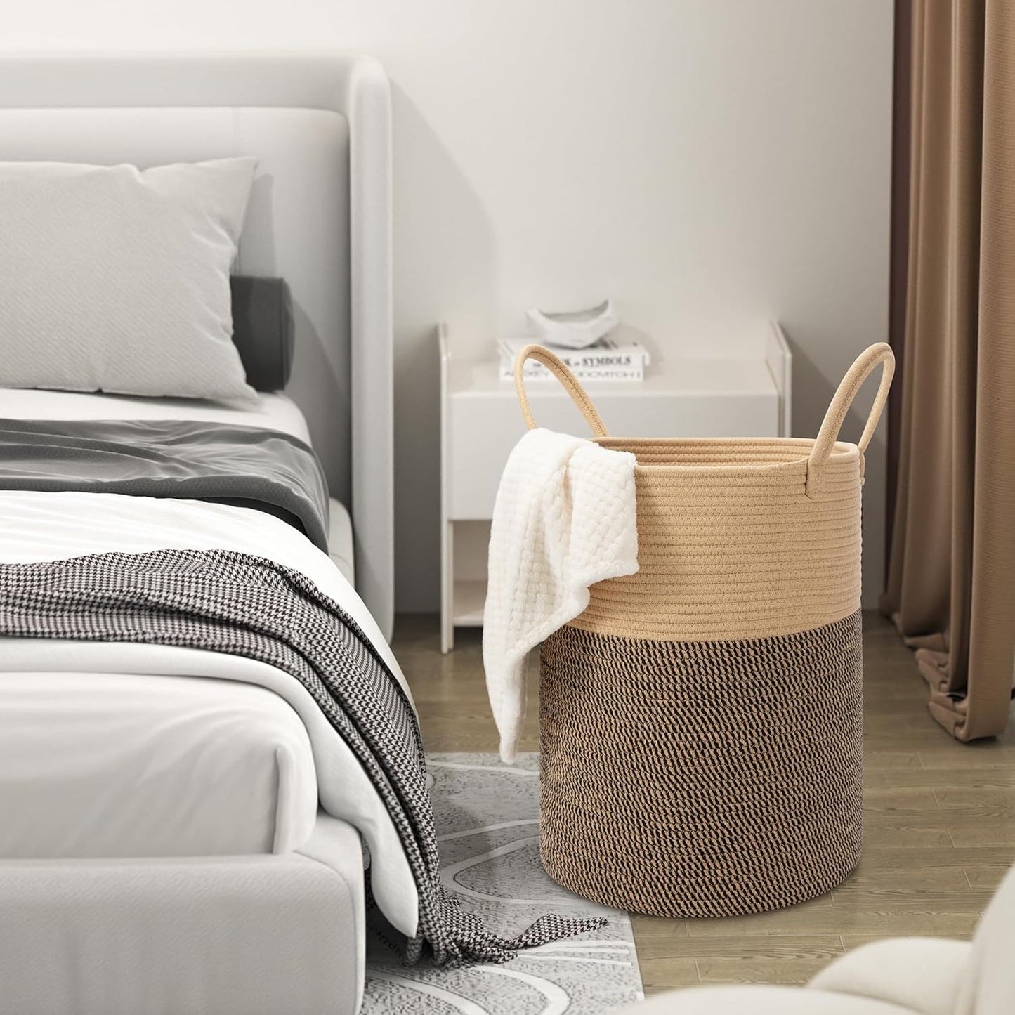 58L Cotton Rope Laundry Basket (20"x15"),Woven Basket for Storage Dirty Clothes Basket for Laundry, Living Room, Nursery, Bedroom Rope Storage Basket for Blankets（Brown/Stitches）
