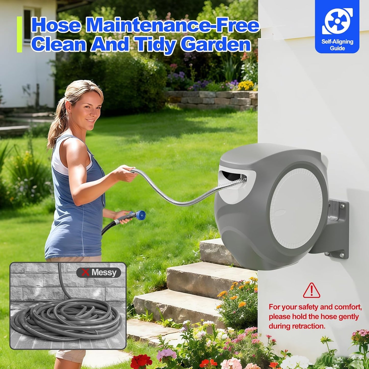 SPECILITE Retractable Garden Hose Reel 65 FT 1/2", 304 Stainless Steel Water Pipe, 3x Life, Leak-Proof, UV & Freeze Resistant, Automatic Rewind & Any Length Lock, Wall Mount Hose Reels for Outside
