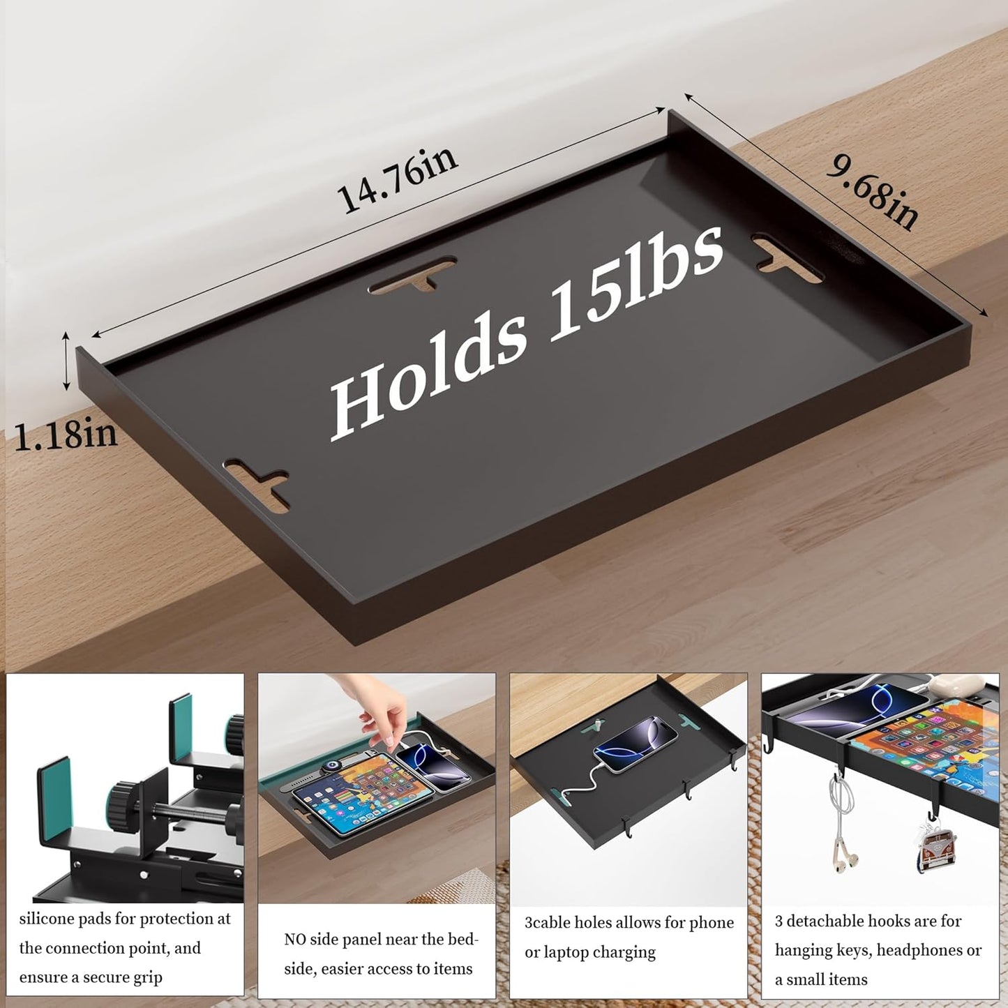 Foldable Bedside Shelf, Metal Clip-On Bed Tray Table for Bunk Bed & Dorm Beds, Dorm Room Essentials Organizer for College Students, Floating Tray, Space Saving Nightstand for Loft Beds (Black, Large)