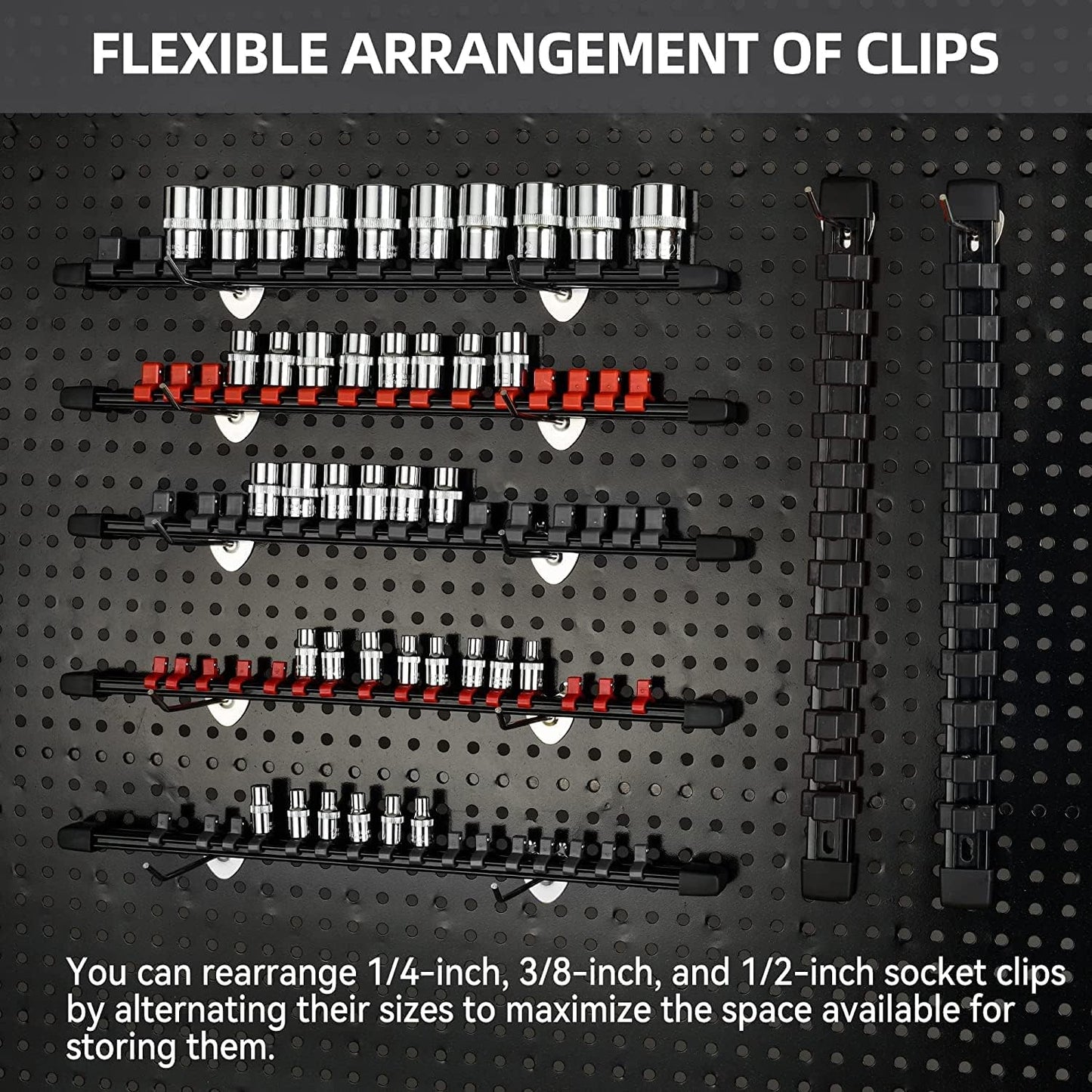 Socket Organizer Drive ABS Tools - Black Socket Holder, Premium Quality 30 Pieces Socket Holders Kit 1/4-Inch x 160 Clips, 3/8-Inch x 150 Clips, 1/2-Inch x 120 Clips（30PC,Black)
