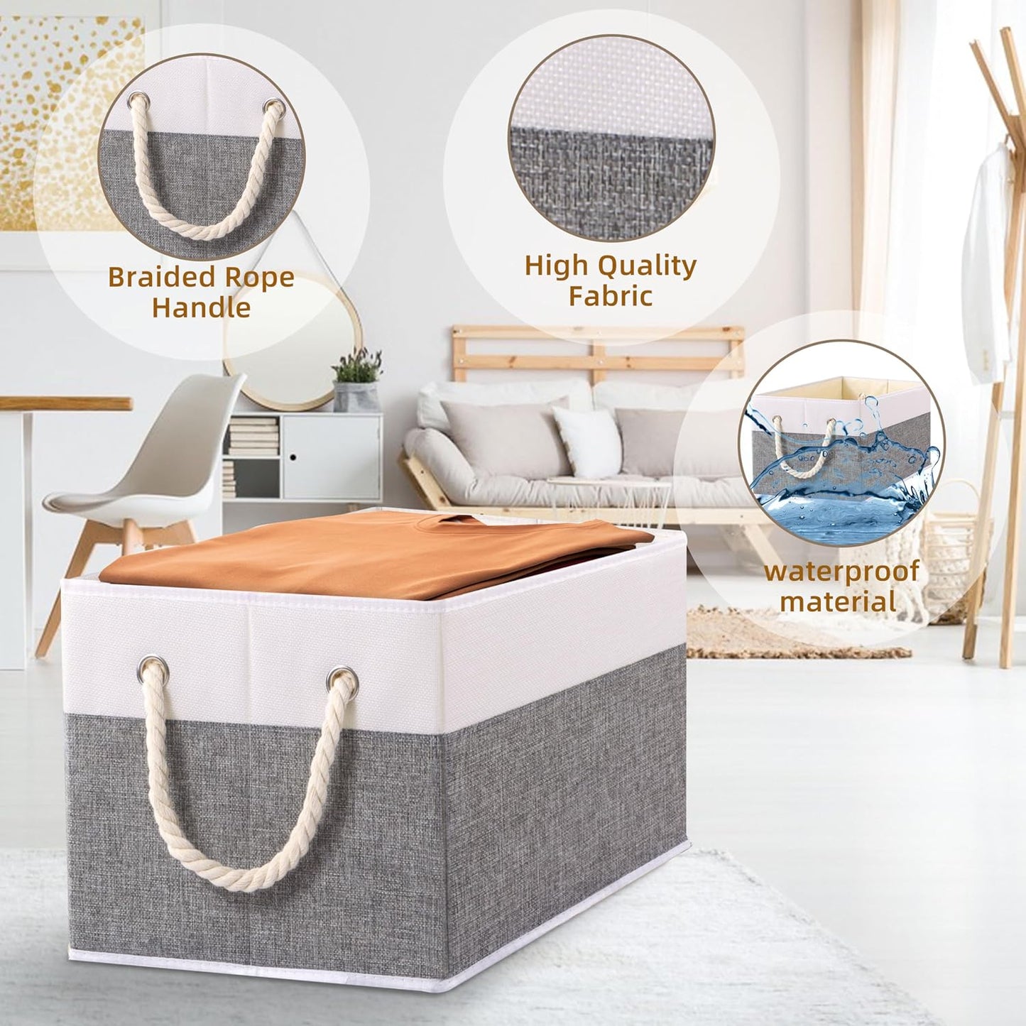 Yawinhe Foldable Storage Basket 5-Pack, Large Fabric Bins with Rope Handle, Used for Organizing Shelves, Closets, Clothes, 12.99''Lx9.05''Wx7.87''H, White/Grey