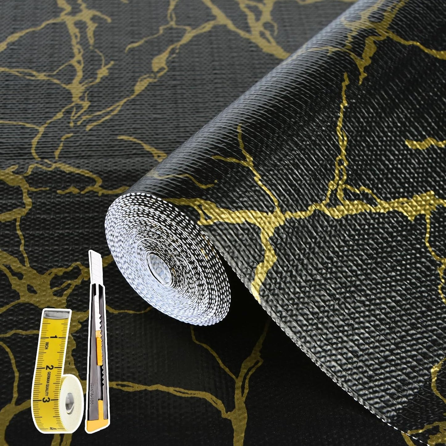 2-Layer Drawer and Shelf Liner for Kitchen Cabinet: 12in X 20Ft Non Slip Waterproof Shelf Paper Non Adhesive Refrigerator Liners Black/Gold Marble Easy Liners for Bathroom with Knife Tape Measure