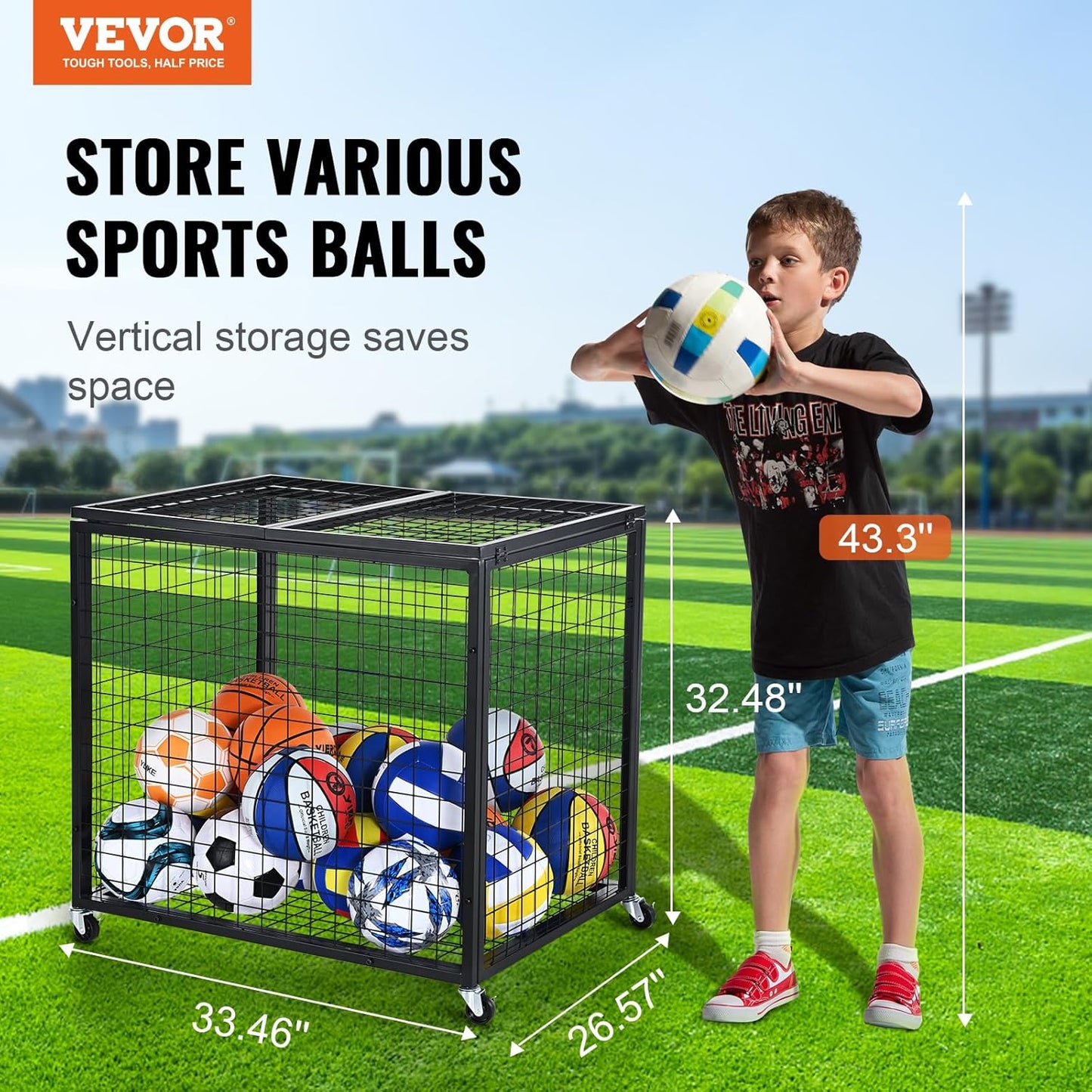 VEVOR Rolling Sports Ball Storage Cart, Lockable Basketball Cage with Double Lids, Sport Equipment Holder Organizer for Indoor Outdoor, Steel Storage Rack for Garages, Playgroup, Gym and Schools