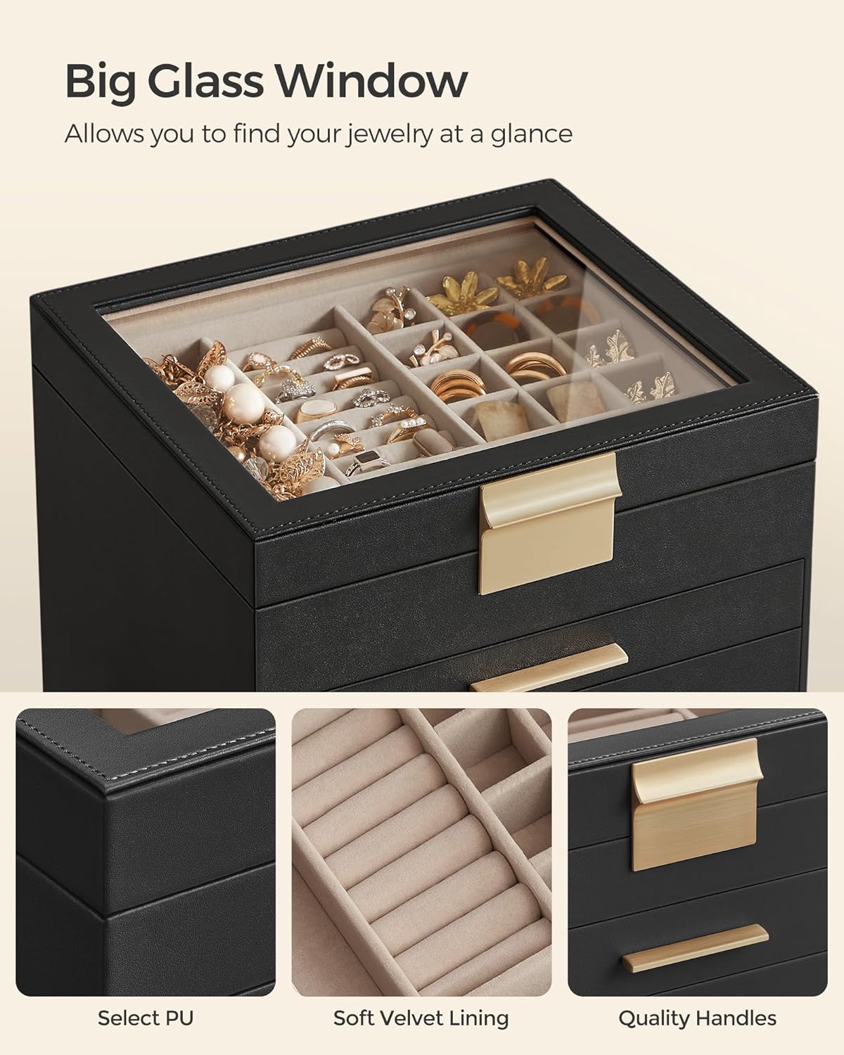 SONGMICS Jewelry Box Organizer with Glass Lid, 6-Layer Jewelry Storage, with 5 Drawers, Modern Style, Christmas Gift, 8 x 9.1 x 9 Inches, Graphite Black and Gold Color UJBC176B01