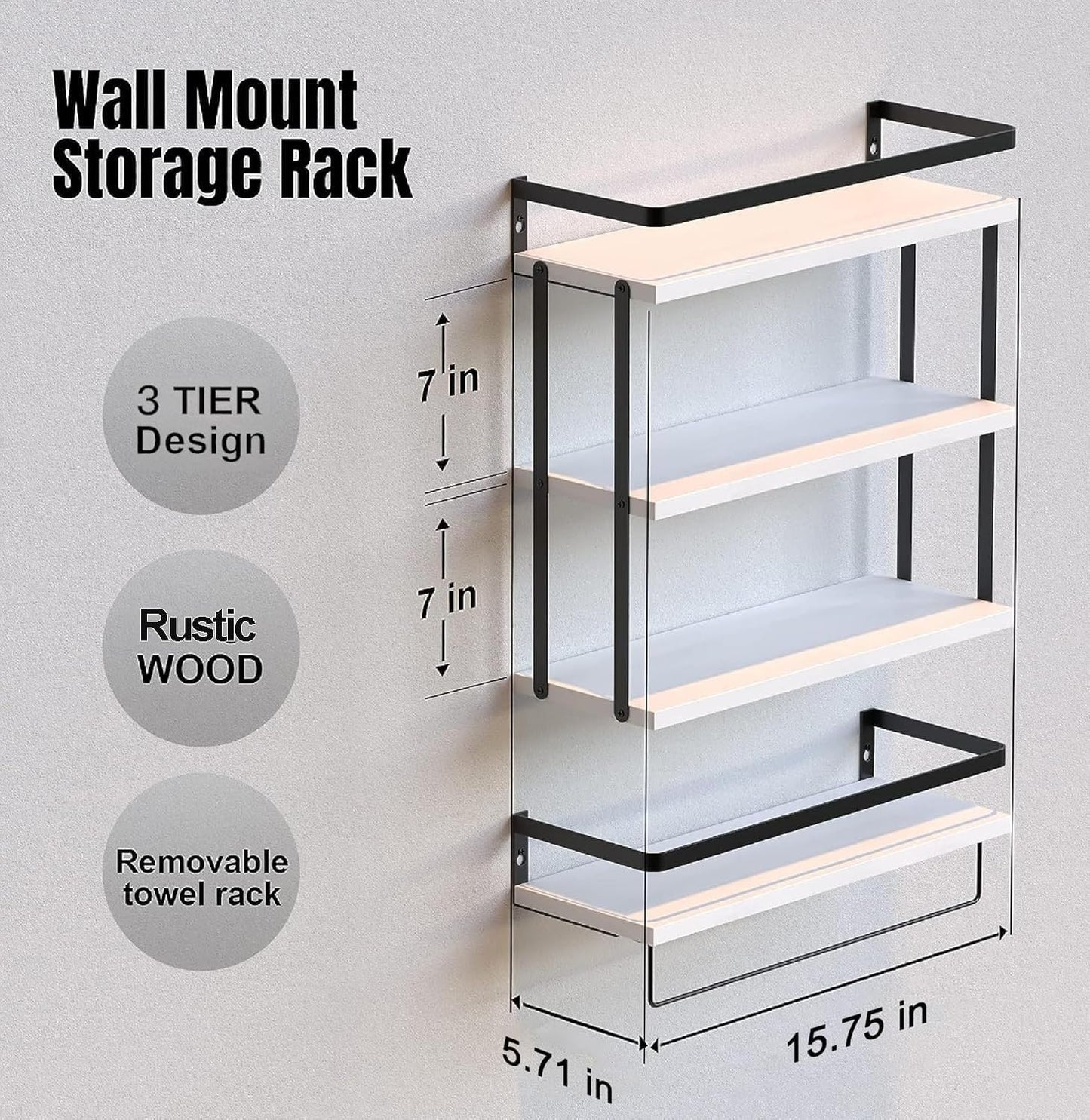 RICHER HOUSE 3+1 Tier Wall Mounted Floating Shelves Set of 2, Rustic Wood Wall Shelf with Metal Frame, Extra Storage Rack for Bathroom, Kitchen, Bedroom with Tissue Rack & Towel Bar - White