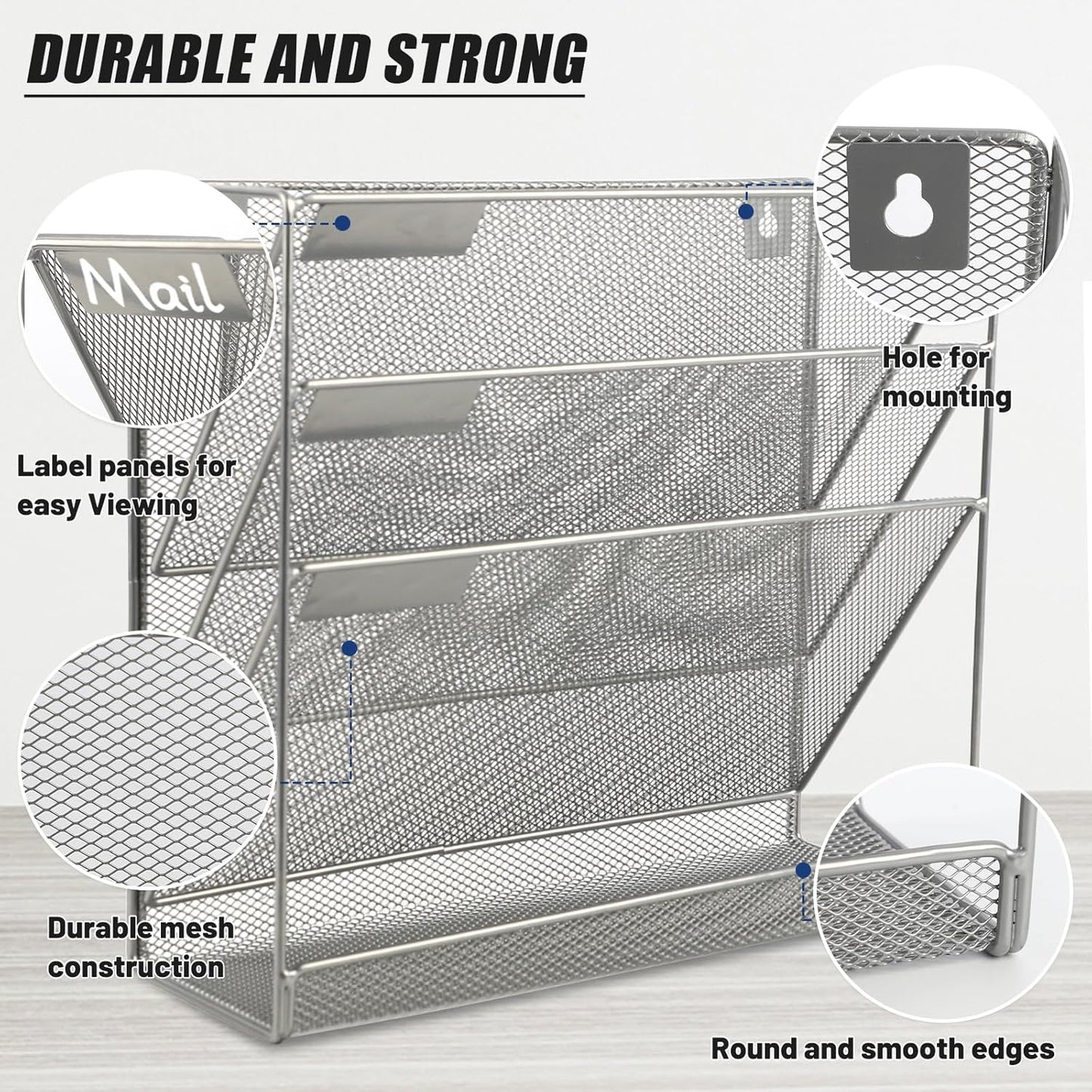 EASEPRES Desk File Organizer Mesh 4-Tier, Hanging Wall Mount Document Organization Stand, Desktop Vertical Mail Paper Folder Holder Rack with Bottom Tray for Office Home Cubicle Countertop, Silver