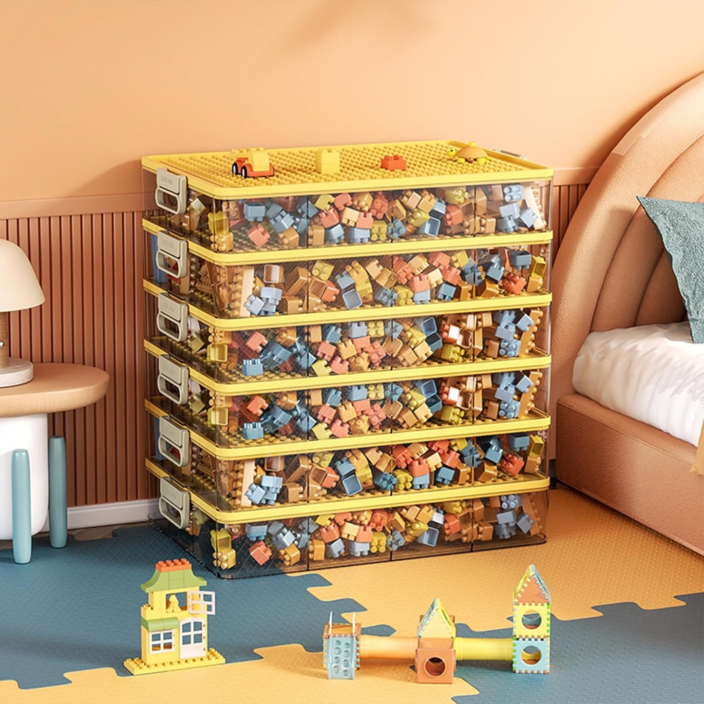 Toys Storage Organizer Bins for Lego, Stackable Toys Organizer, Lego Building Block Storage, Toy Storage Box with 24 Palace Grids, Plastic Stackable Organizer Bins (Yellow 3layers)