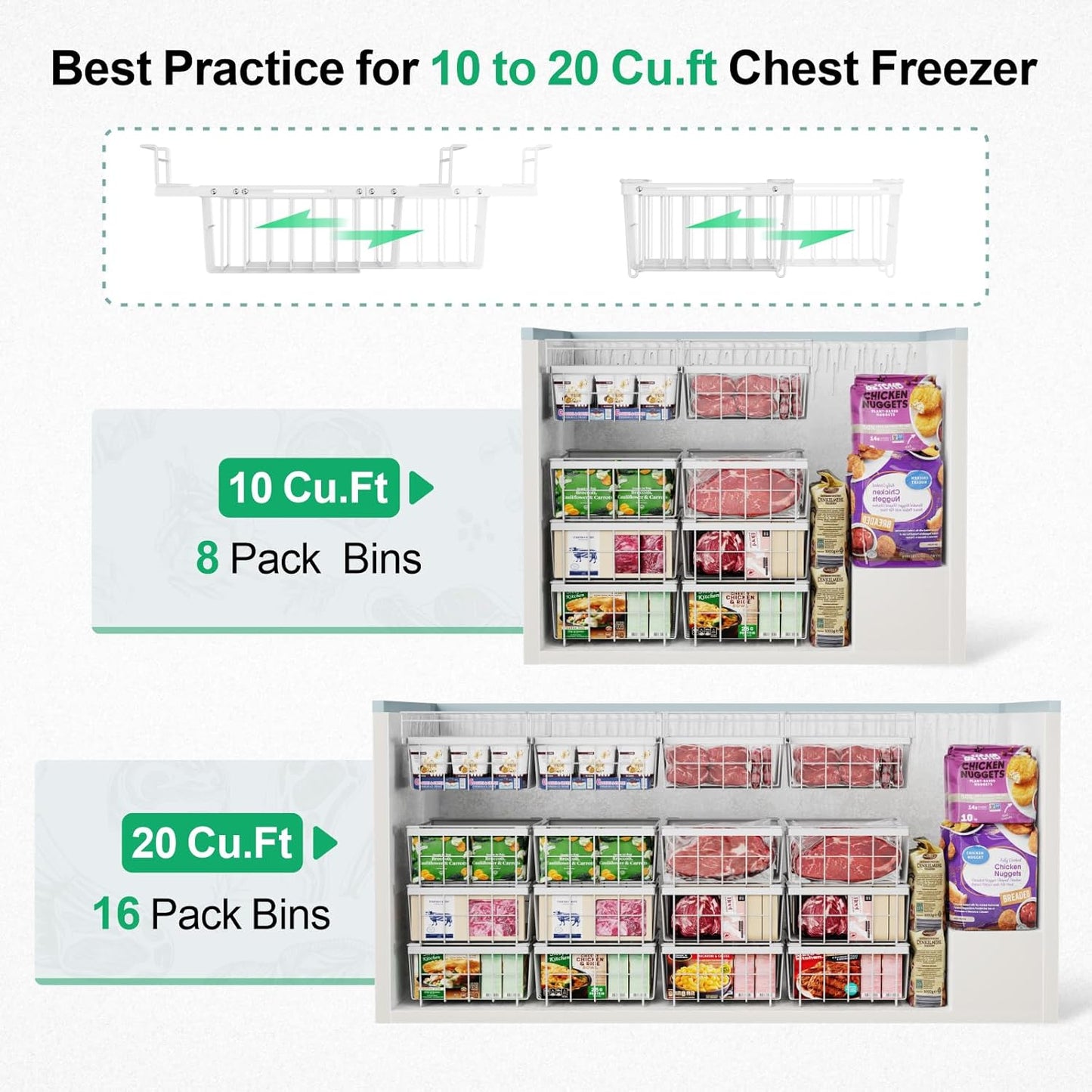 iSPECLE Chest Freezer Organizer - 2 Pack Hanging Freezer Organizer Bins with Expandable Handle for 10 to 20 Cu.Ft, Sort and Easy Slide to Get Bottom Frozen Food, Sturdy Baskets, White