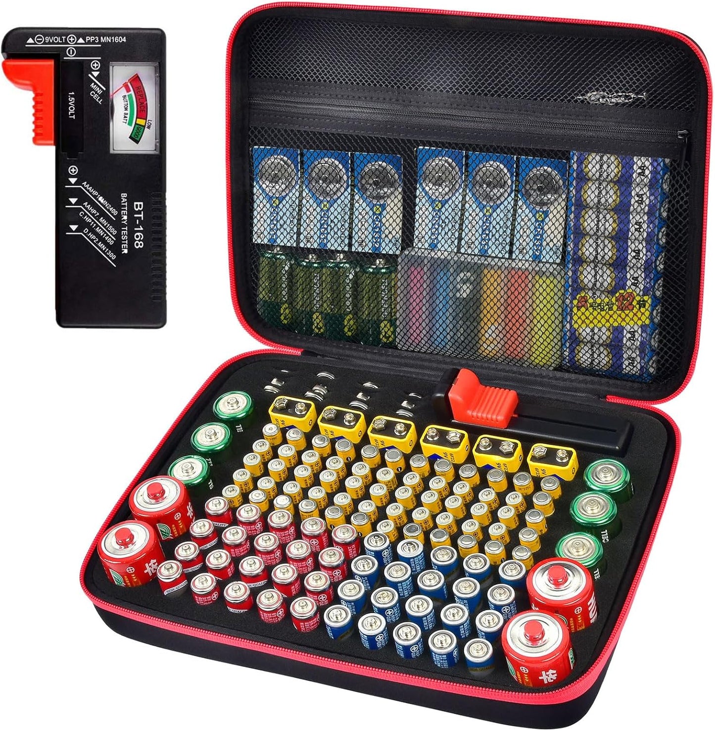 ALKOO Battery Organizer Storage Holder Case Box with Tester Checker BT-168. Holds 136+ Batteries AA AAA C D Cell 9V 3V Lithium (Red)