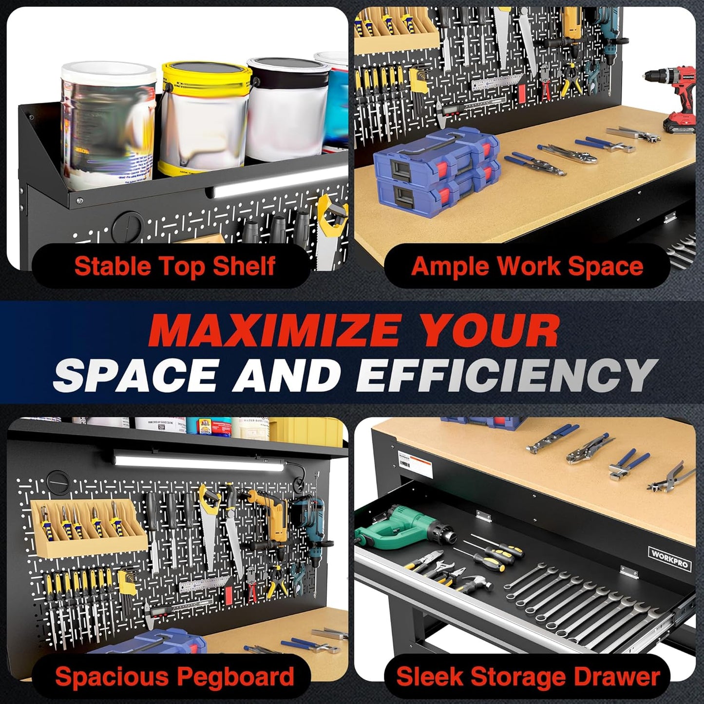 WORKPRO 45" Garage Workbench with Storage, Heavy-Duty Workbench with Pegboard, Power Outlets and Light, 800 LBS Work Bench for Garage, Warehouse, Workshop