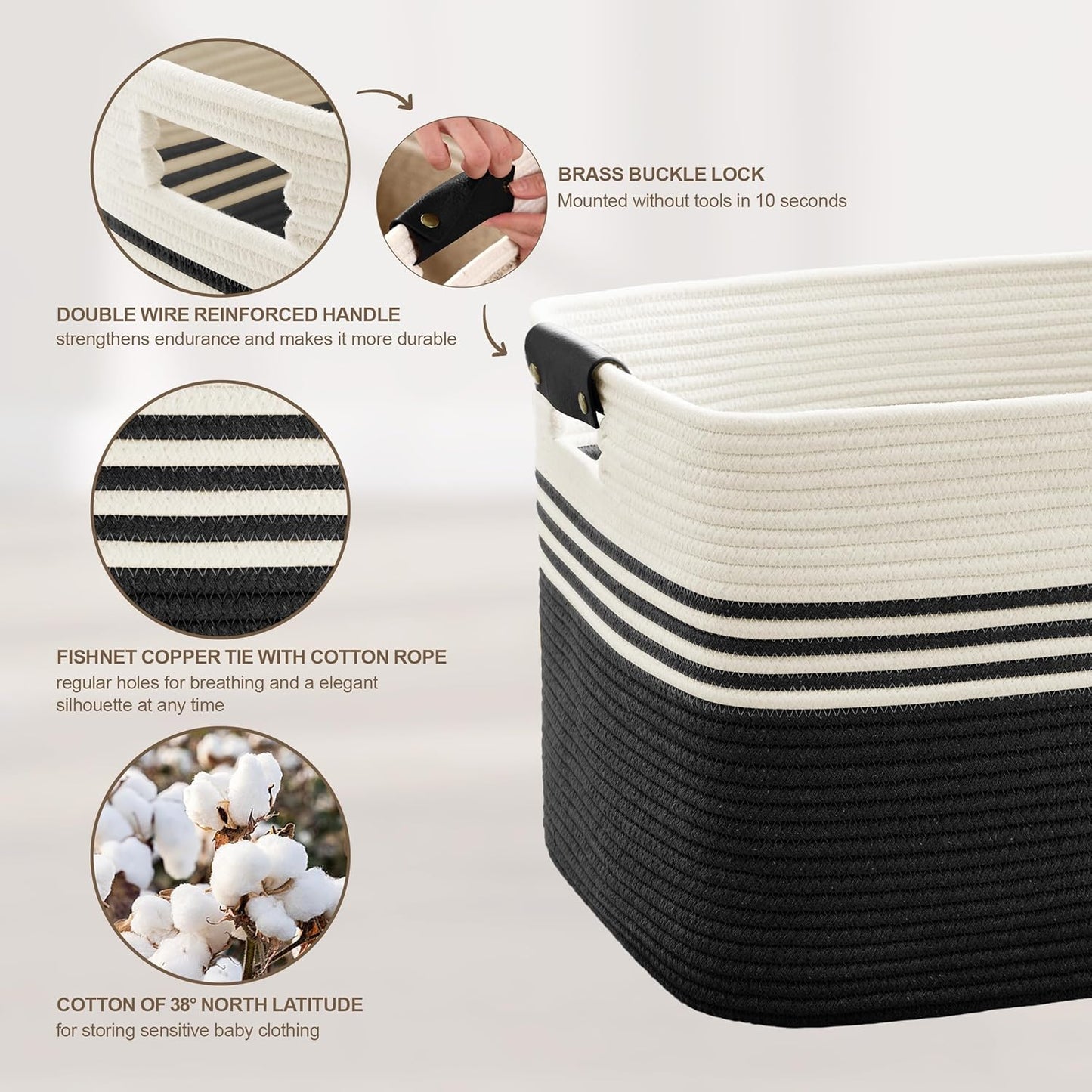 100L Extra Large Laundry Basket with Leather Handles for Living Room Storage, Woven Rope Baskets for Blanket, Kids Toy, Gifts, Wicker Hamper for Bedroom Dirty Clothes, 24"x16"x16" White Black