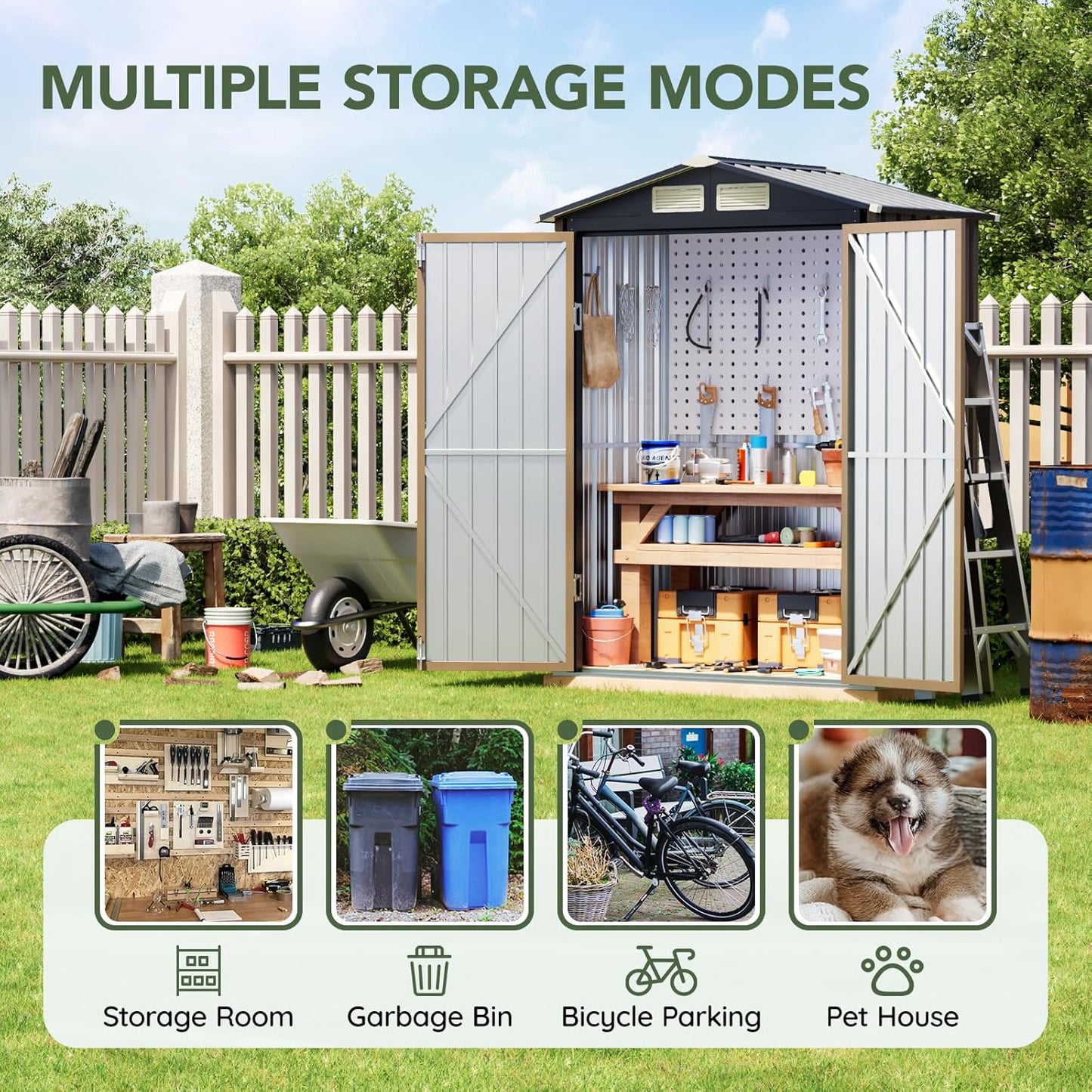 5x3 FT Outdoor Metal Storage Shed, Double Door, 1 Clear Window, Tool Shed for Garden, Patio, Backyard Brown