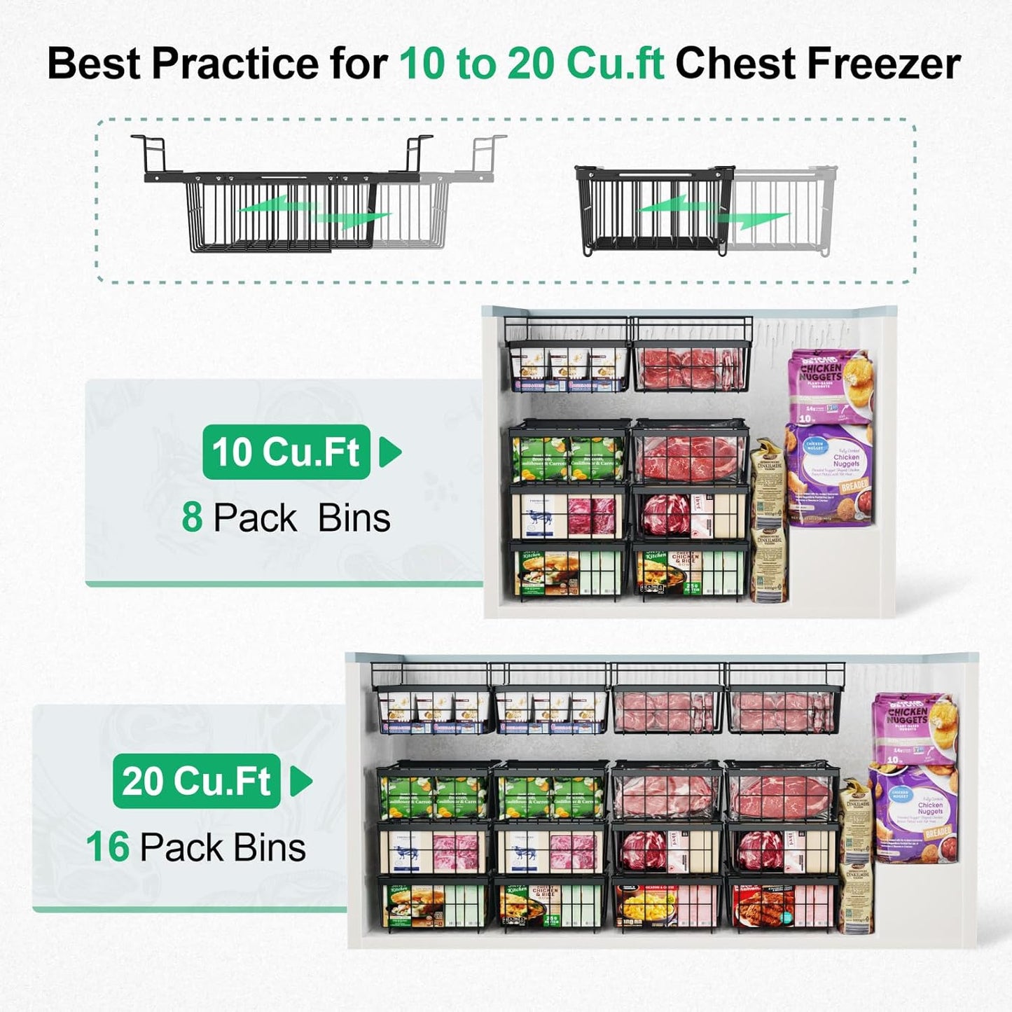iSPECLE Large Chest Freezer Organizer Bins - 17.5" to 22.6" Expandable Length Baskets for Deep Freezer, Fit 10 to 20 Cu.FT, 2 Pack Adjustable Hanging Chest Freezer Basket, Black