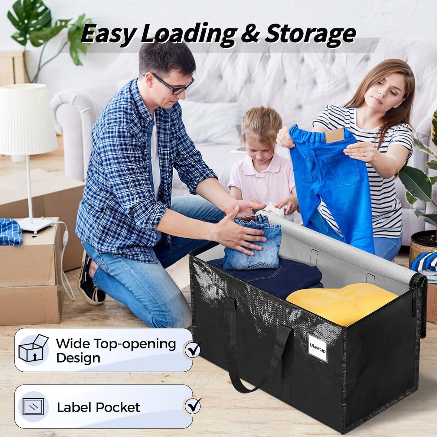 8 Pack Extra Large Heavy Duty Moving Bags, Black Storage Bins with Lids, Reinforced Handles & Heavy-Duty Zippers Moving Boxes Storage Bags Totes for Clothes Packing, Dorms, College Supplies, Black