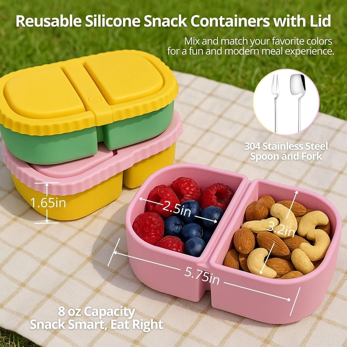 2 Pack Reusable Silicone Snack Containers with Lid, Strap, Spoon & Fork-2 Compartments Portable Mini Containers，Silicone Snack Storage Box for Picnic, Office, School(pink+orange)