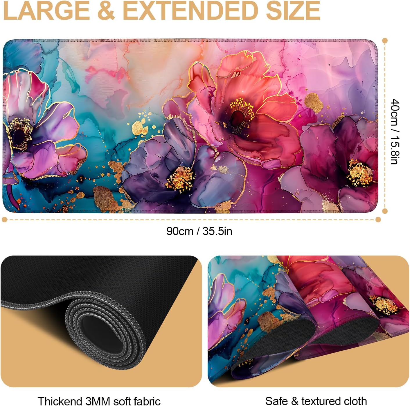 Large Mouse Pad, Floral Ink Desk Mat, Extended Gaming Mouse Pad with Non-Slip Rubber Base, Thick 3mm Smooth Surface Keyboard Mat for Office & Home，35.5 x 15.8 in